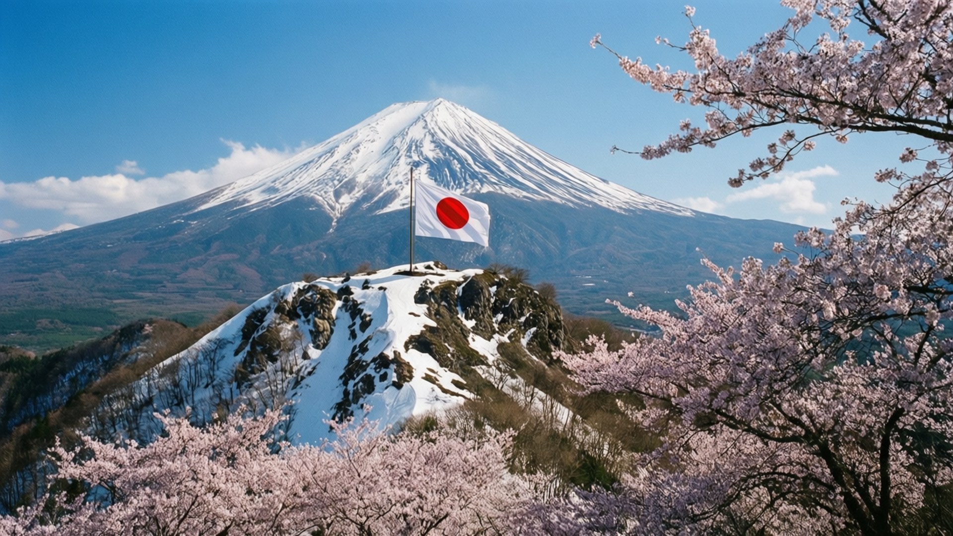 白雪覆蓋的富士山、日本國旗、前景的粉紅櫻花