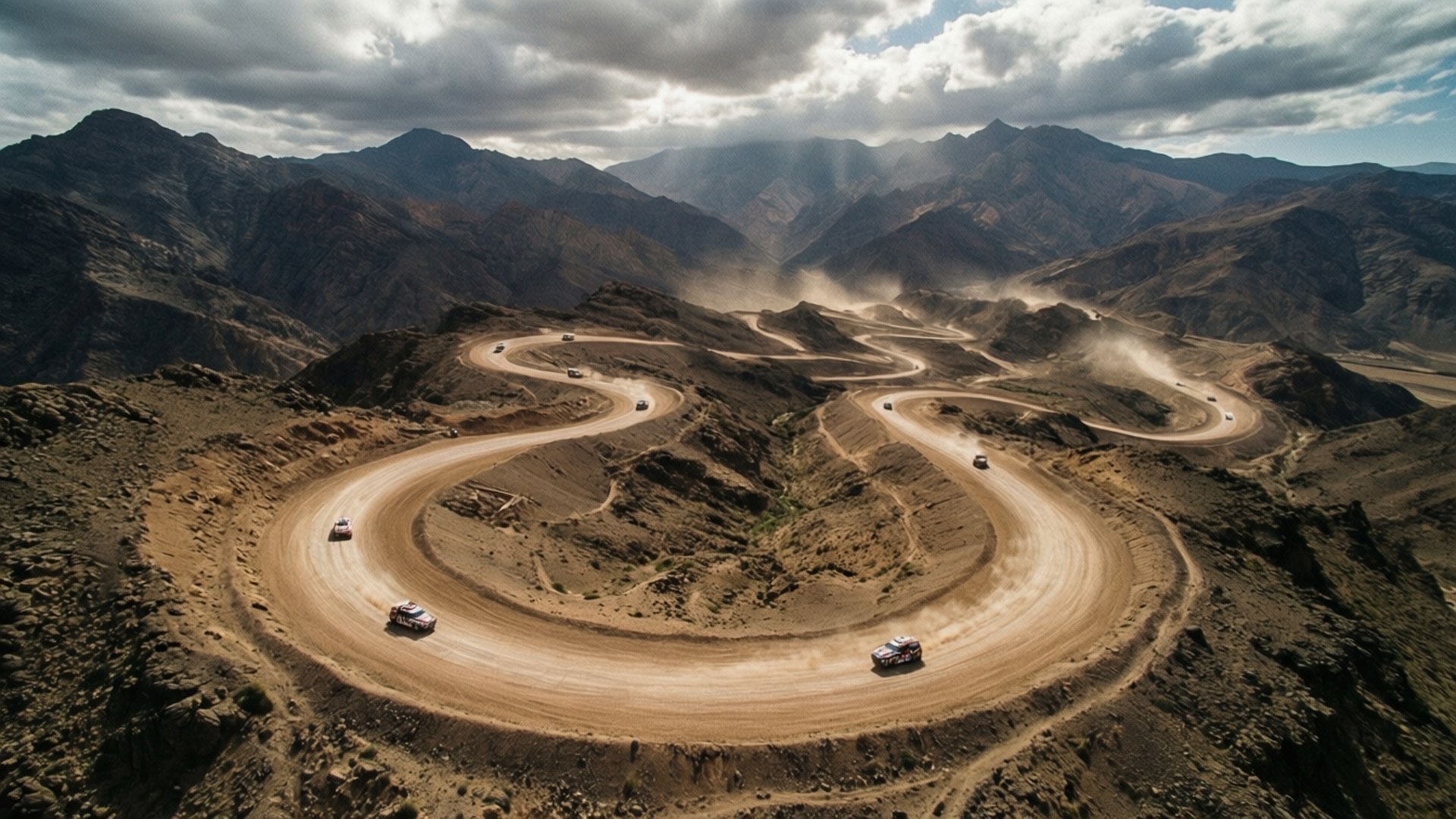 越野車在多雲天空下穿過乾燥山脈的蜿蜒土路。