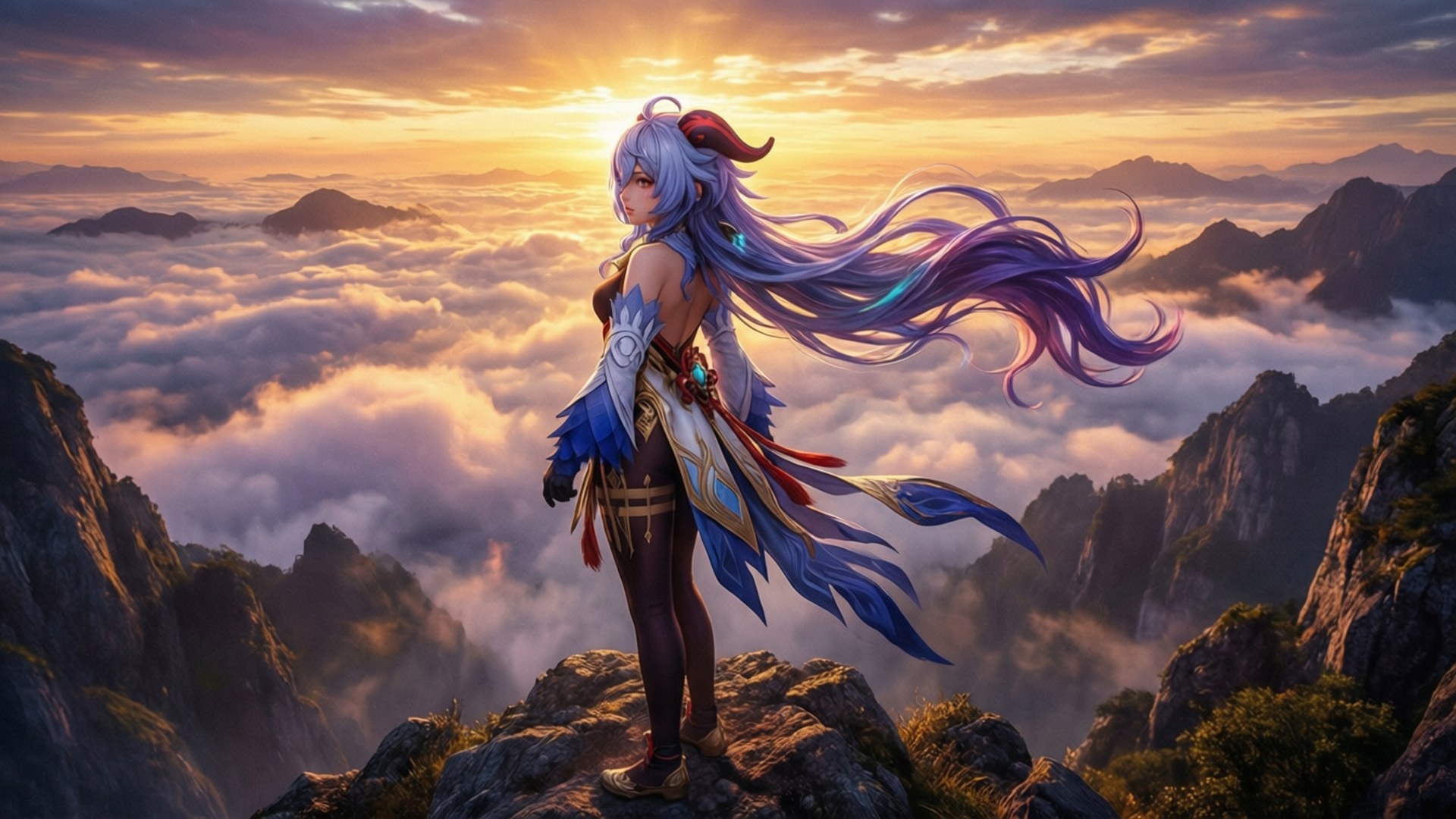 紫髮動漫少女站在日出時雲端上的山頂