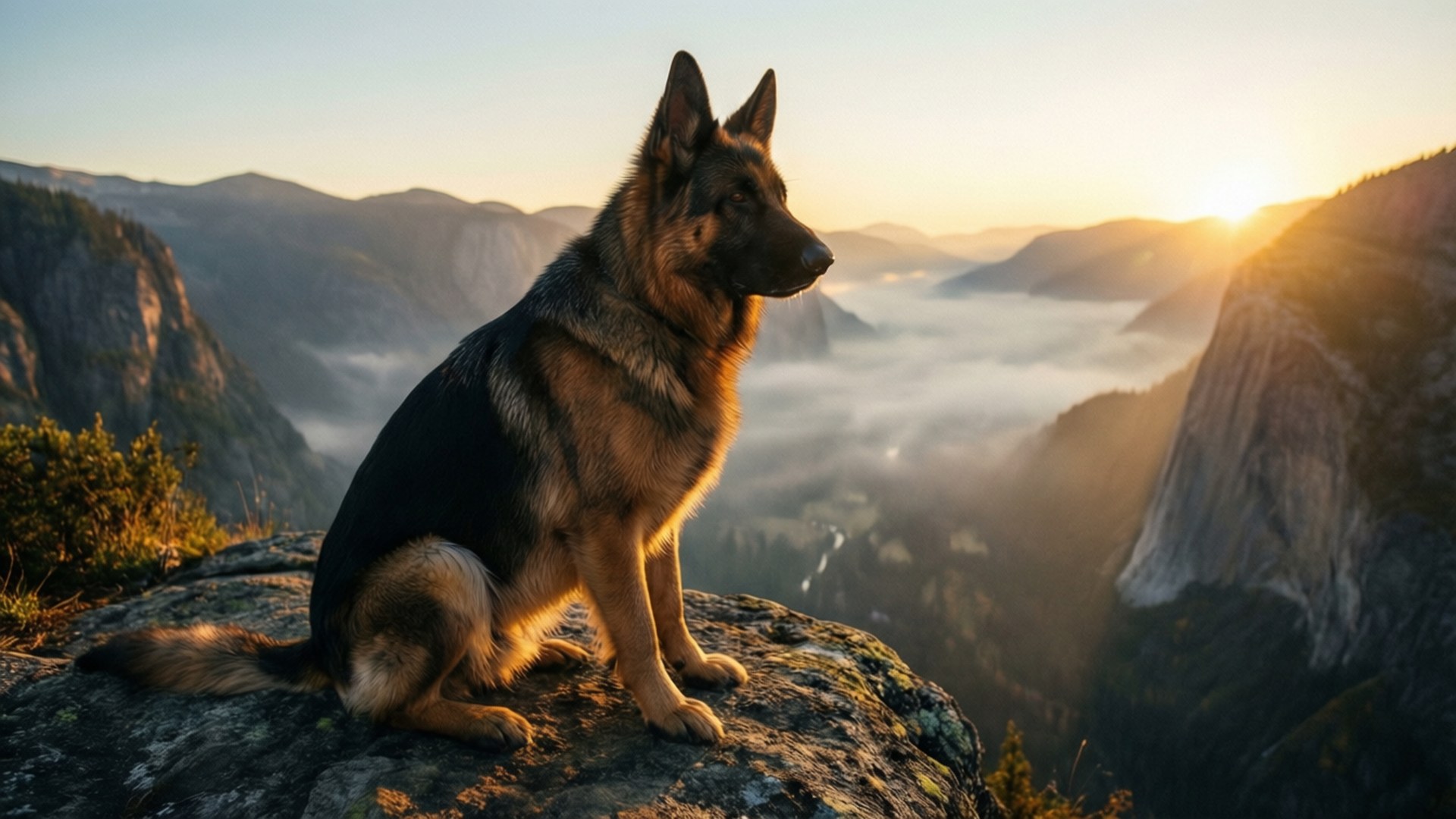 德國牧羊犬坐在懸崖邊緣，俯瞰日出時霧氣瀰漫的山谷