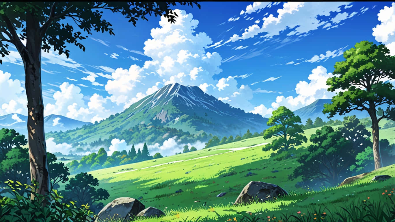 明亮的動漫山景，有綠色山丘、樹木和藍天