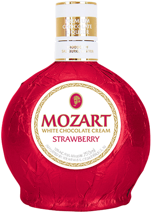 Mozart 白巧克力草莓利口酒瓶 壁紙 — 一瓶閃亮紅色箔紙包裹的莫扎特白巧克力奶油草莓利口酒，帶有金色點綴和白色標籤。