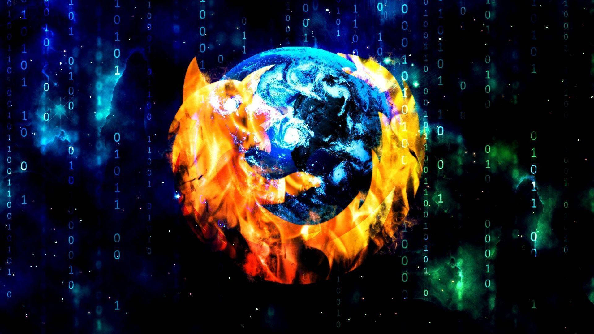 Mozilla Firefox 矩陣背景瀏覽器 壁紙 — 一隻火紅的狐狸環繞著一顆發光的藍色星球，背景是二進制代碼和宇宙星雲的數字雨。