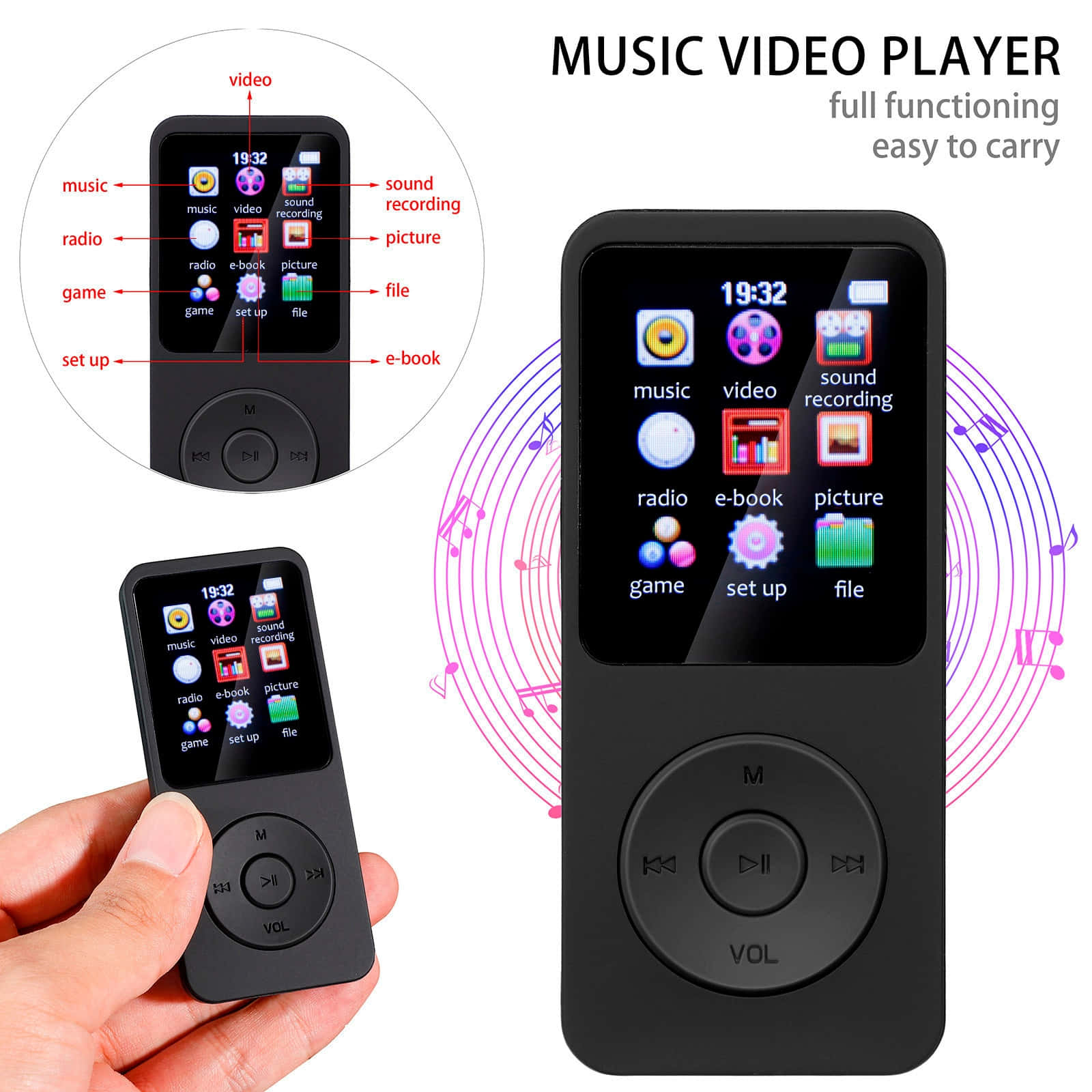 功能型MP3播放器圖片 壁紙 — 黑色手持音樂視頻播放器，帶有觸控螢幕圖標和實體控制按鈕，展示在手部和全視圖中。