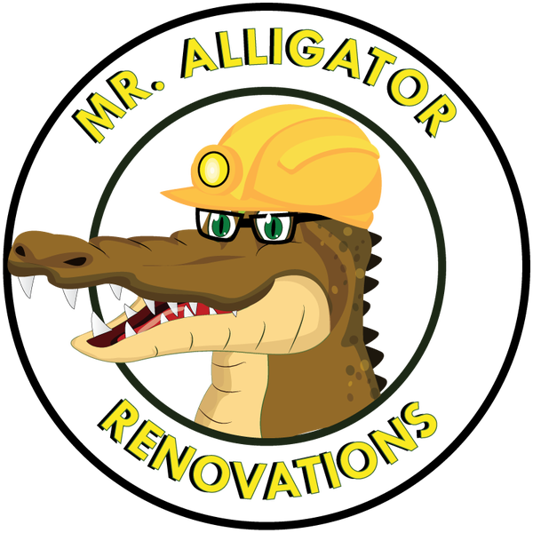 Mr Alligator翻新工程標誌 壁紙 — 卡通鱷魚戴著黃色安全帽和眼鏡，在圓形標誌內露出尖牙微笑。