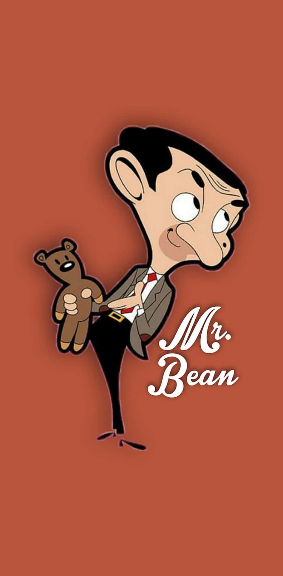 Mr Bean 桌布 壁紙 — Mr Bean 卡通角色抱著一隻泰迪熊，背景為純鏽色，他的名字以白色字體書寫。
