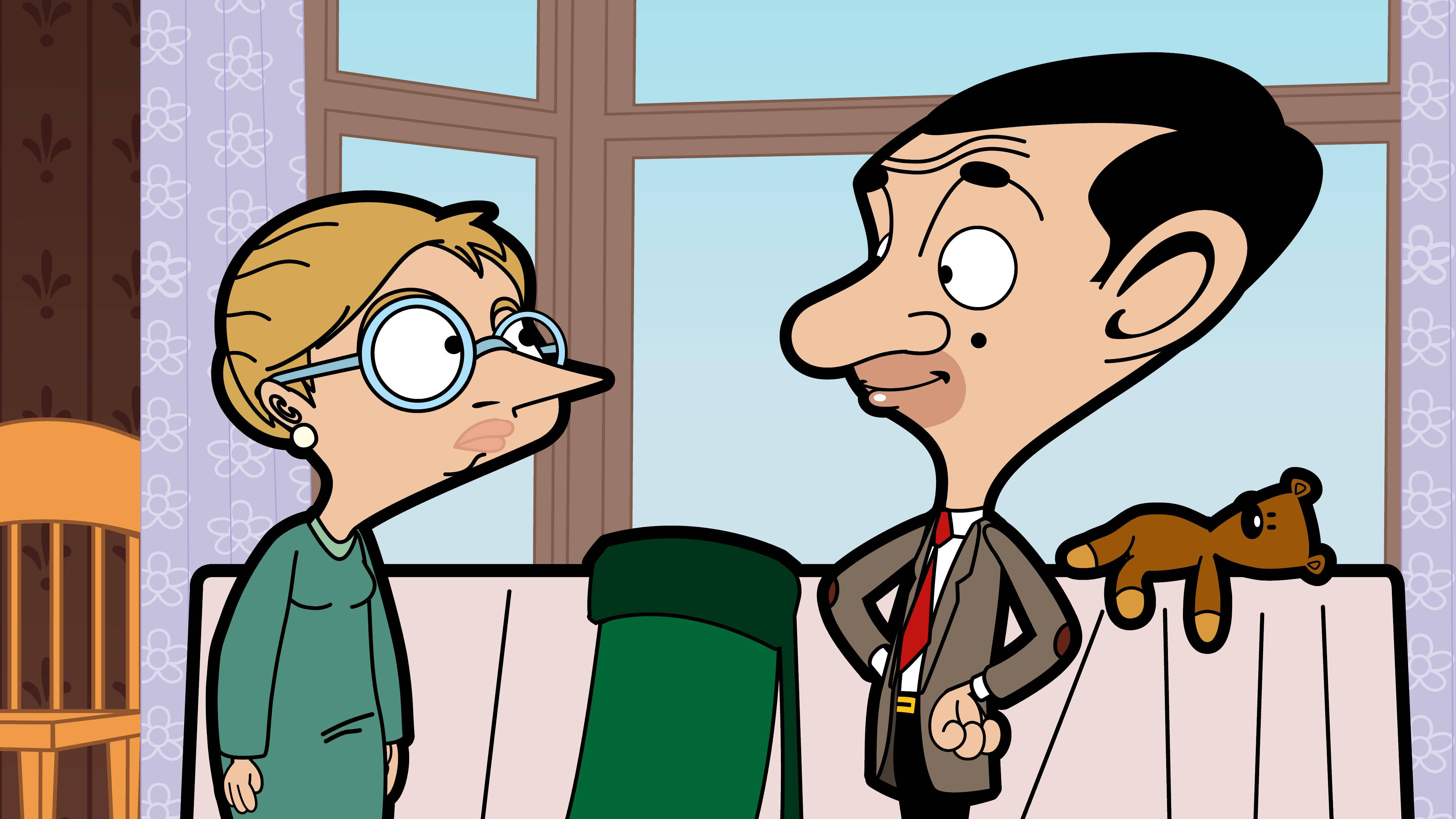 4K 桌布 壁紙 — Mr Bean 同一個戴眼鏡嘅女人喺一個有熊公仔喺梳化嘅卡通客廳裡面面對面。