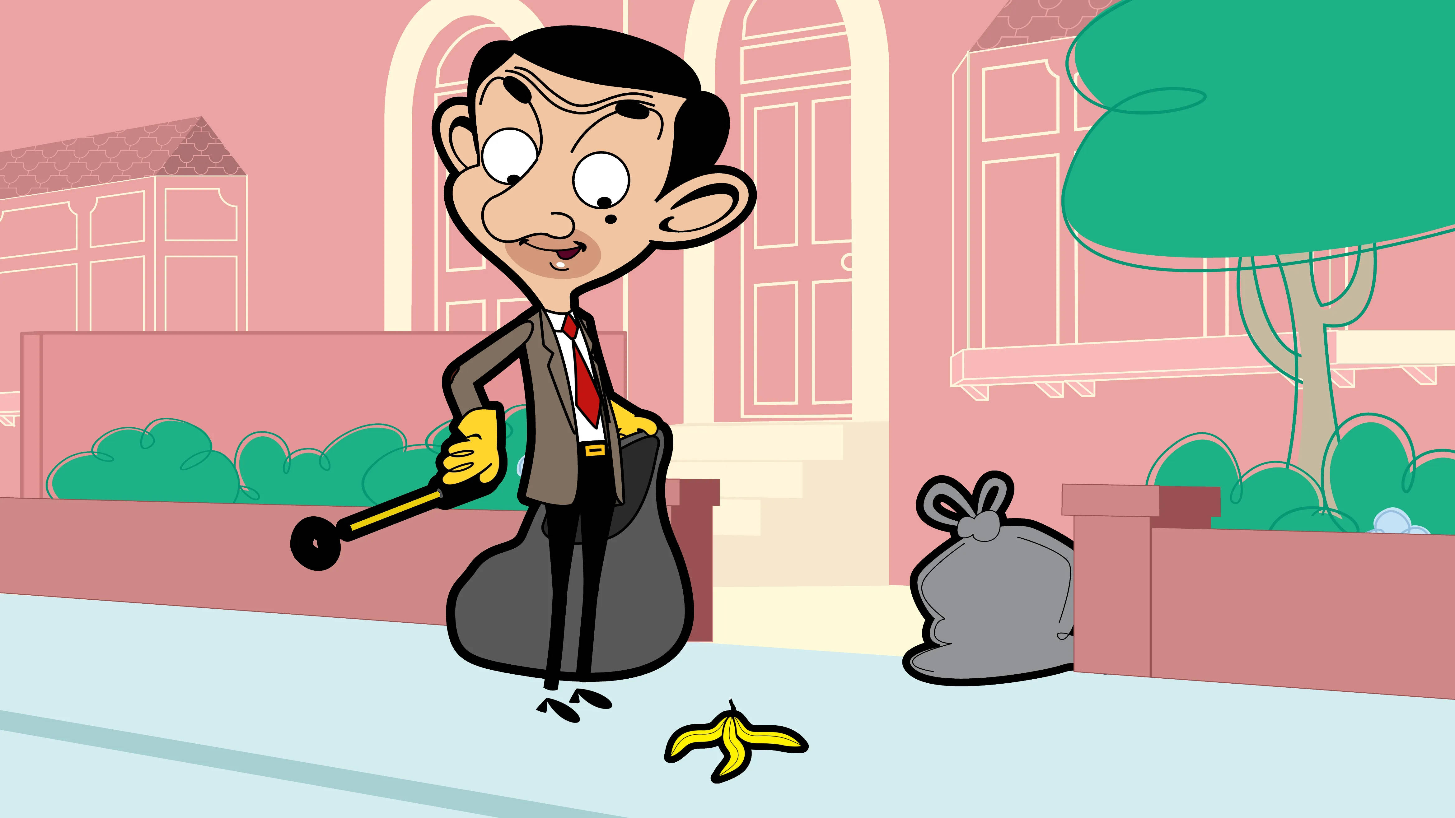 4K 桌布 壁紙 — Mr Bean 喺粉紅色屋前面嘅行人路上，拎住一個垃圾袋同黃色垃圾鏟，旁邊有一塊香蕉皮。
