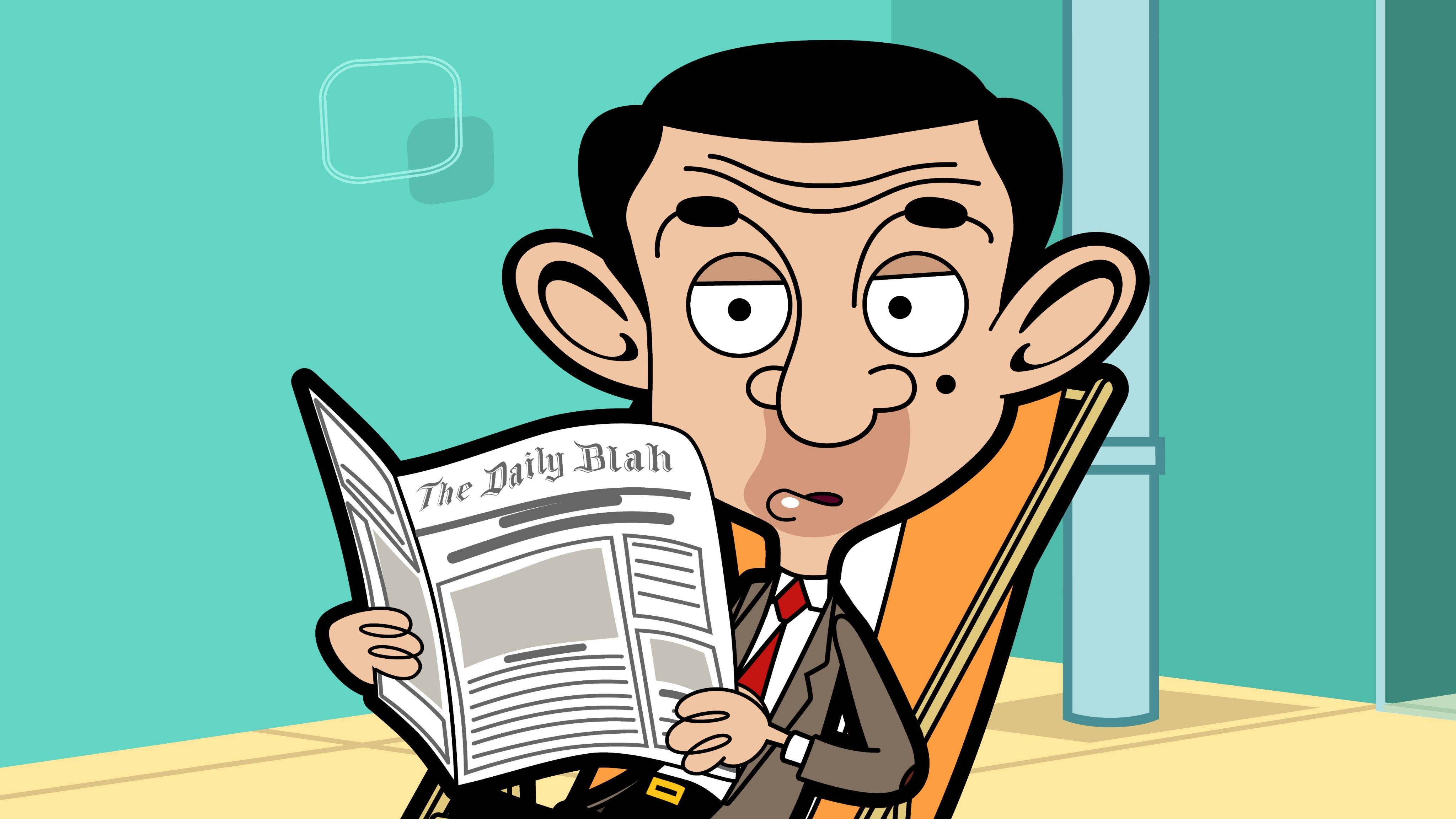 4K 桌布 壁紙 — Mr Bean 坐在椅子上閱讀一份名為 The Daily Blah 的報紙，表情驚訝。