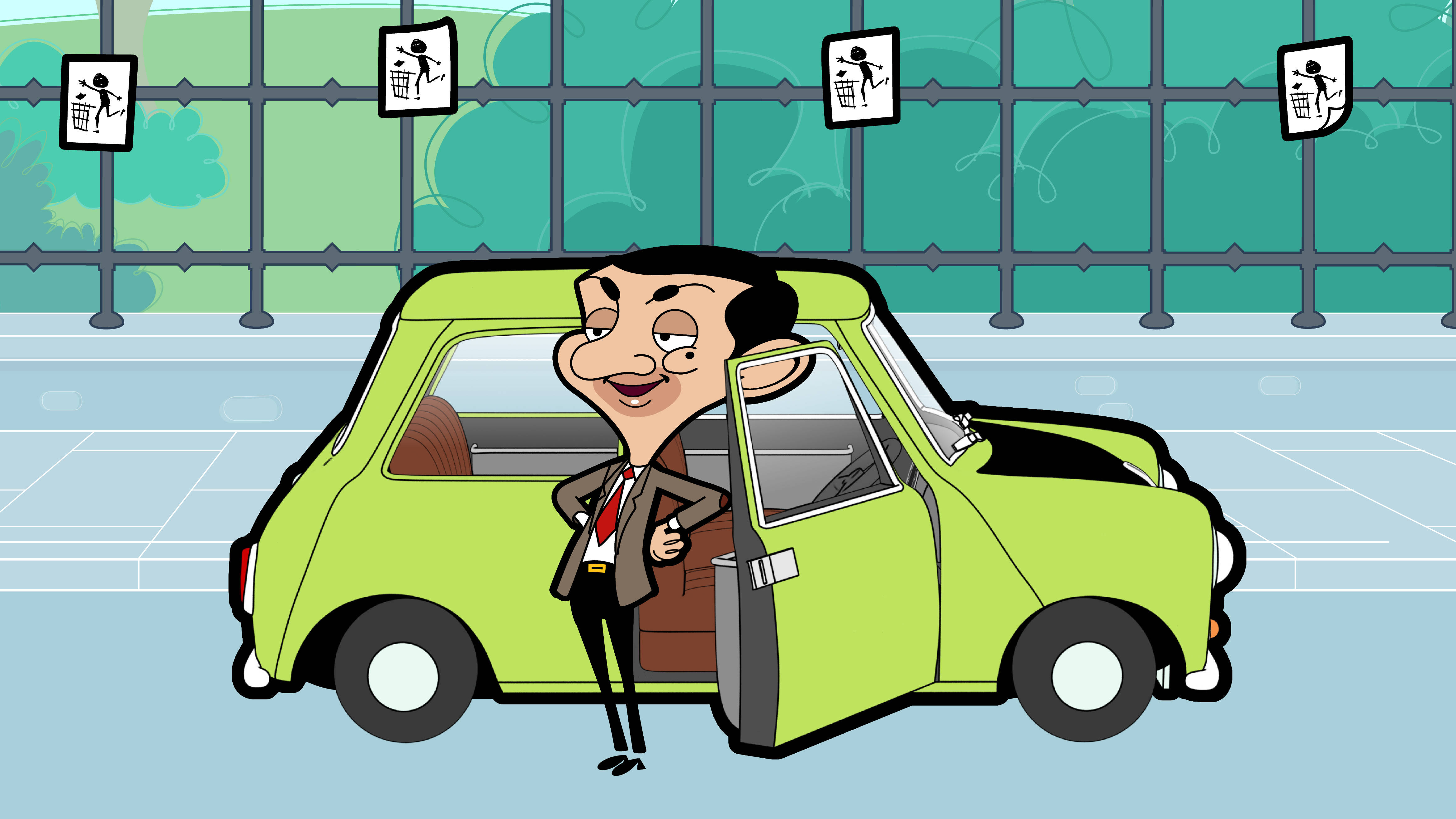 搞笑 桌布 壁紙 — Mr Bean 微笑站在他的青檸色汽車旁邊，背景是卡通插圖，有垃圾桶標誌。