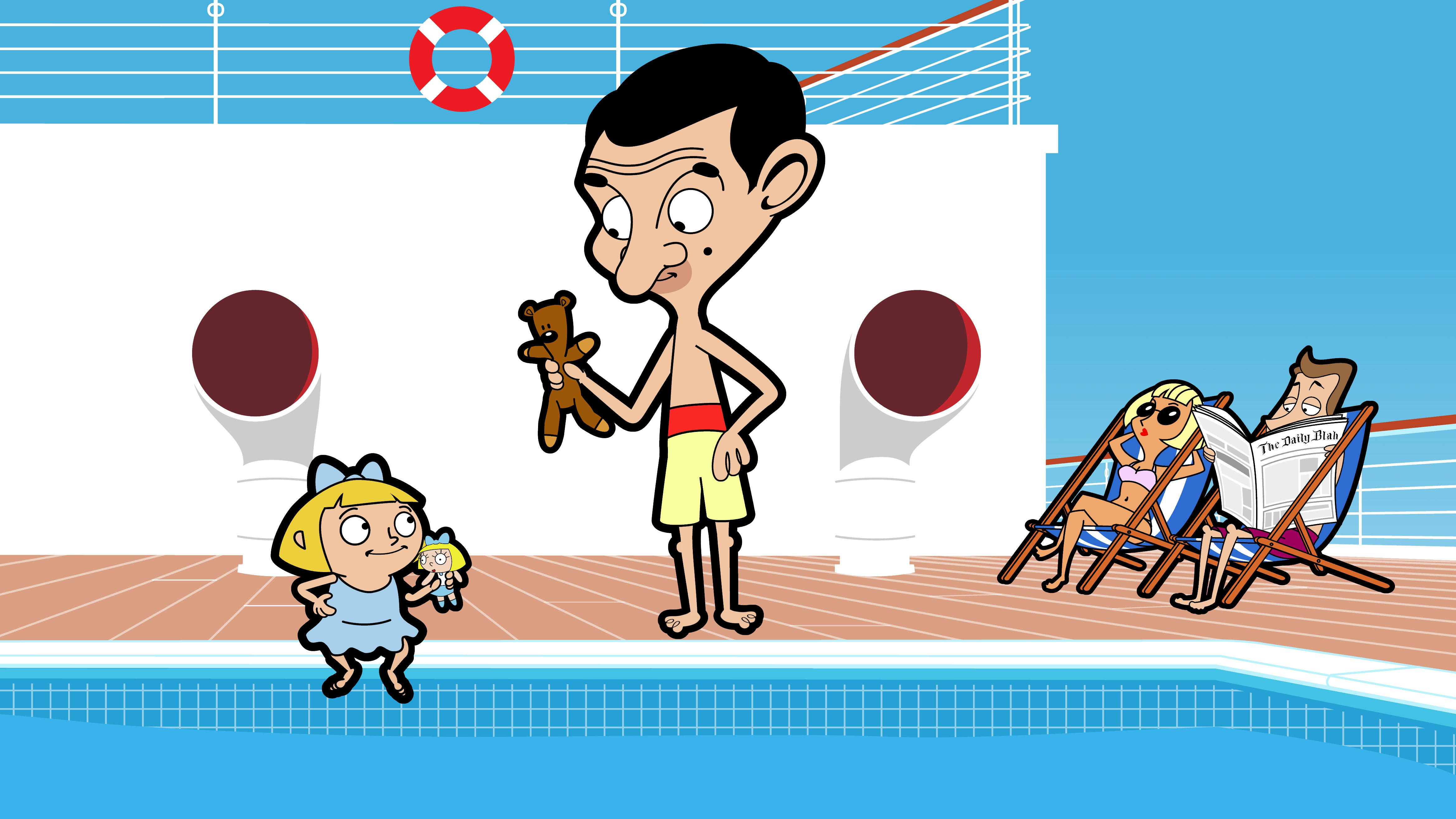 4K 桌布 壁紙 — Mr Bean 抱著一隻泰迪熊，而一個拿著洋娃娃的女孩在遊輪甲板上的泳池旁看著他。