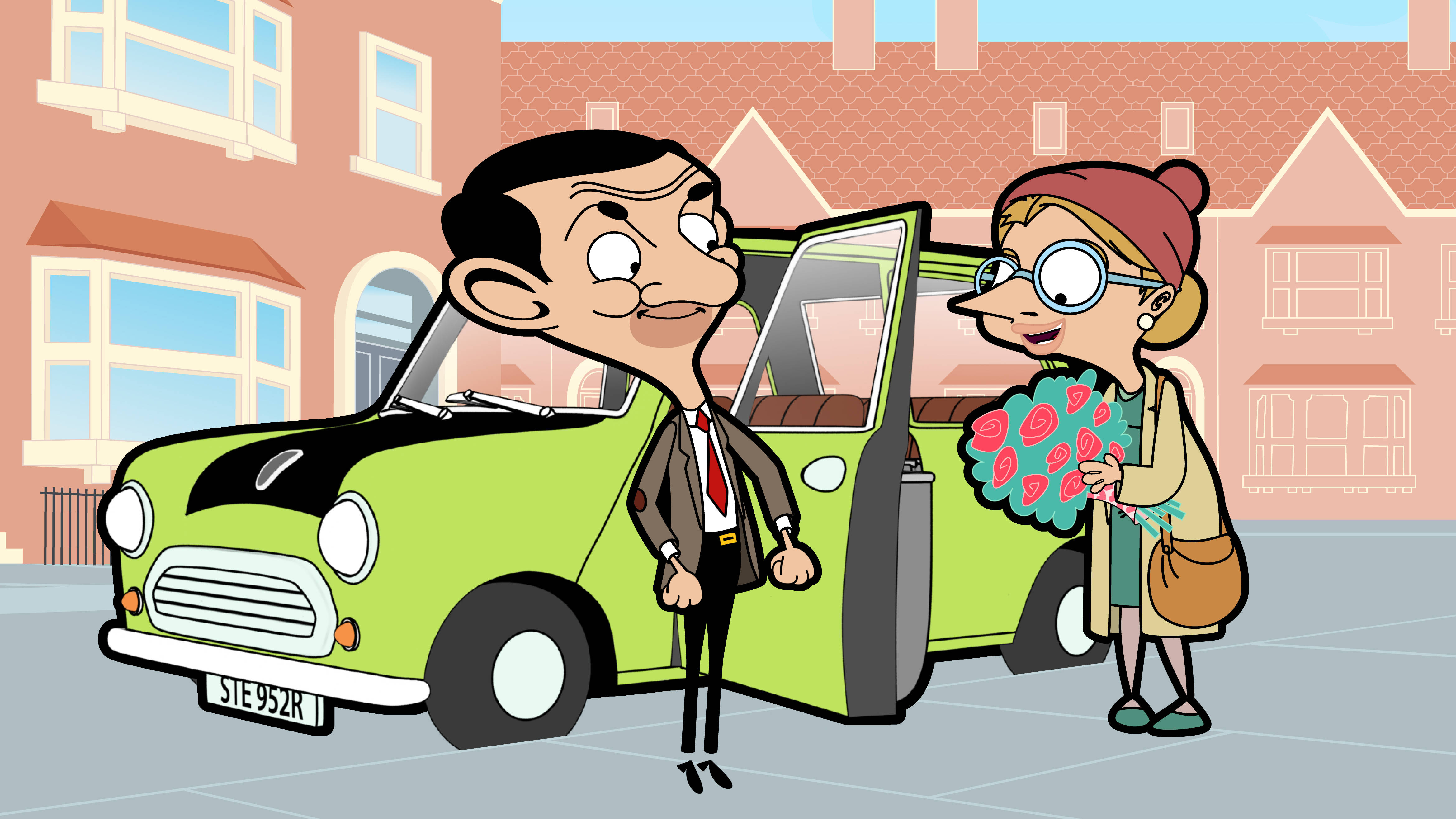 搞笑 桌布 壁紙 — Mr. Bean 站在他的綠色 Mini Cooper 旁邊，一位戴眼鏡和紅色帽子的女士在陽光明媚的街道上向他獻上一束玫瑰。