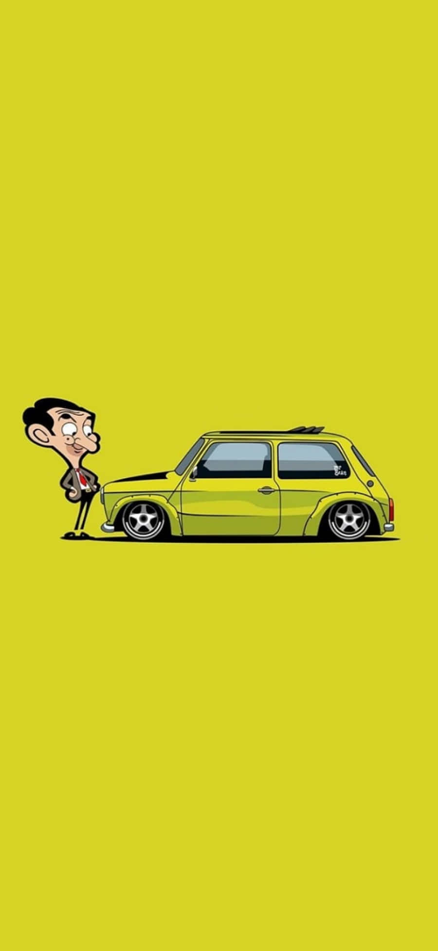 Mr Bean 桌布 壁紙 — Mr Bean 站在他的青檸綠色經典汽車旁邊，背景是純黃色。