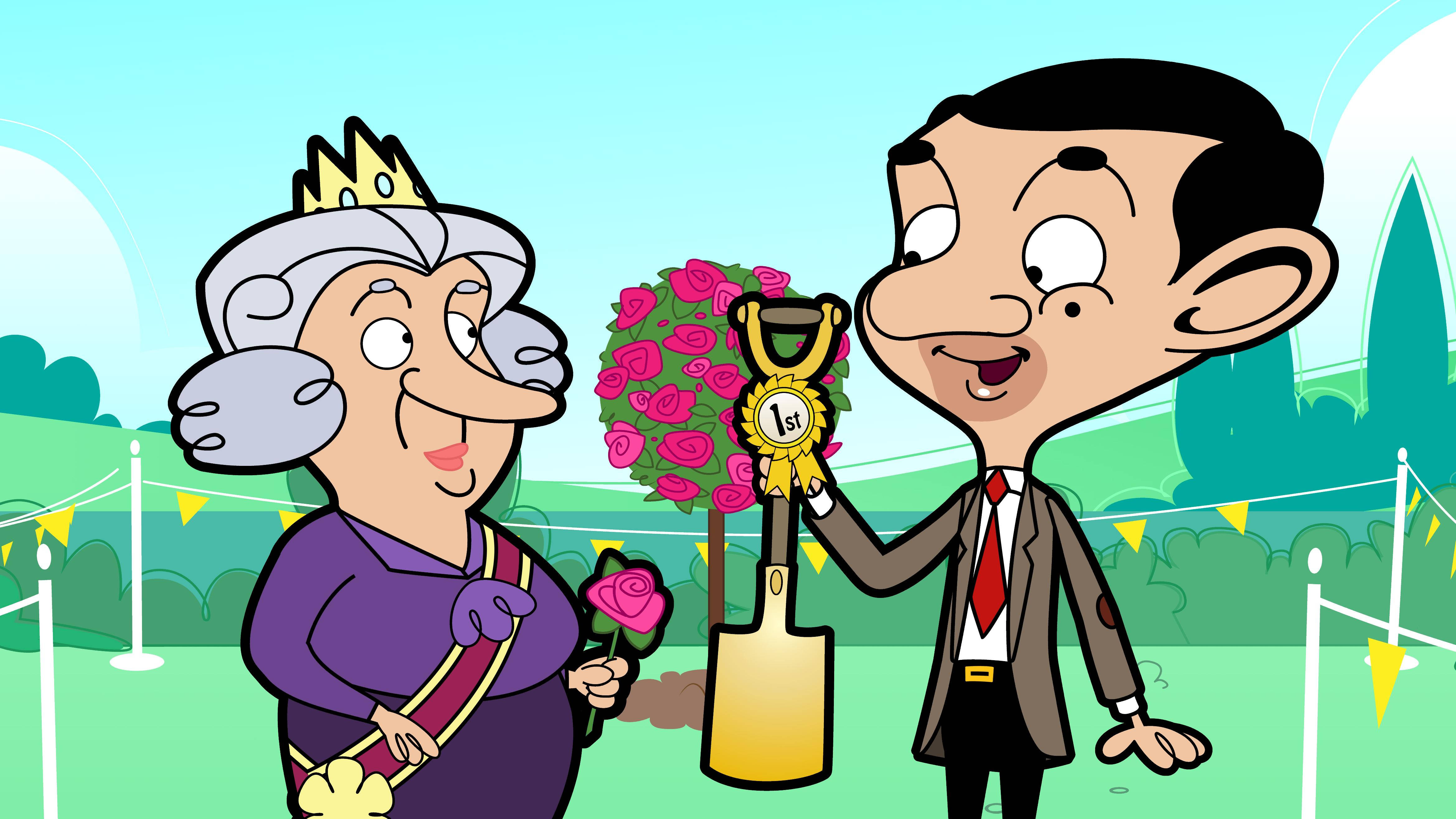 4K 桌布 壁紙 — Mr Bean 自豪地舉起金鏟獎盃，一位戴皇冠的女子在玫瑰叢旁微笑，參加園藝比賽。