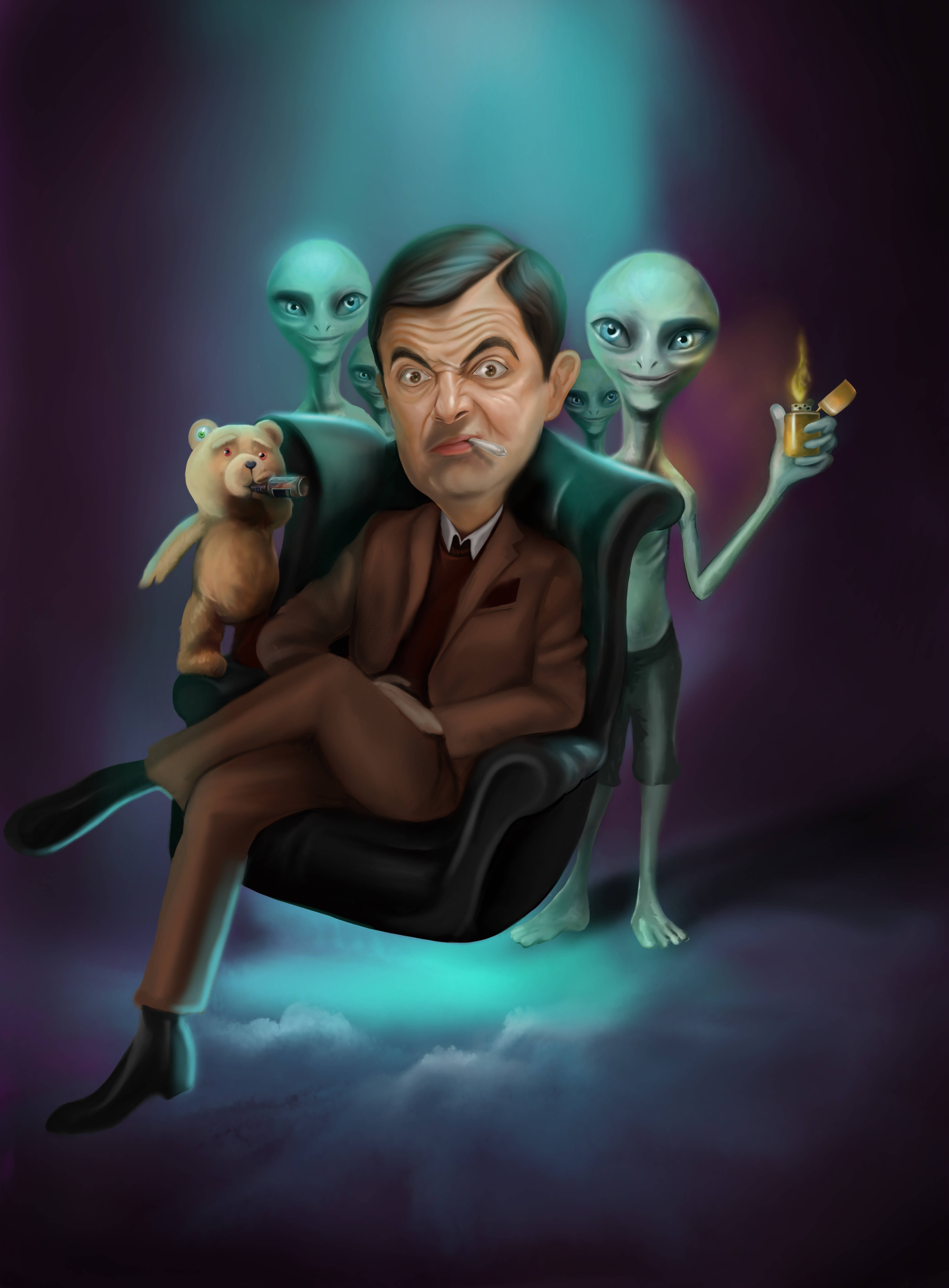 外星人 桌布 壁紙 — Mr. Bean 自鳴得意地坐在椅子上，綠色外星人圍繞著他漂浮，一個拿著打火機，另一個拿著一隻叼著煙的泰迪熊。