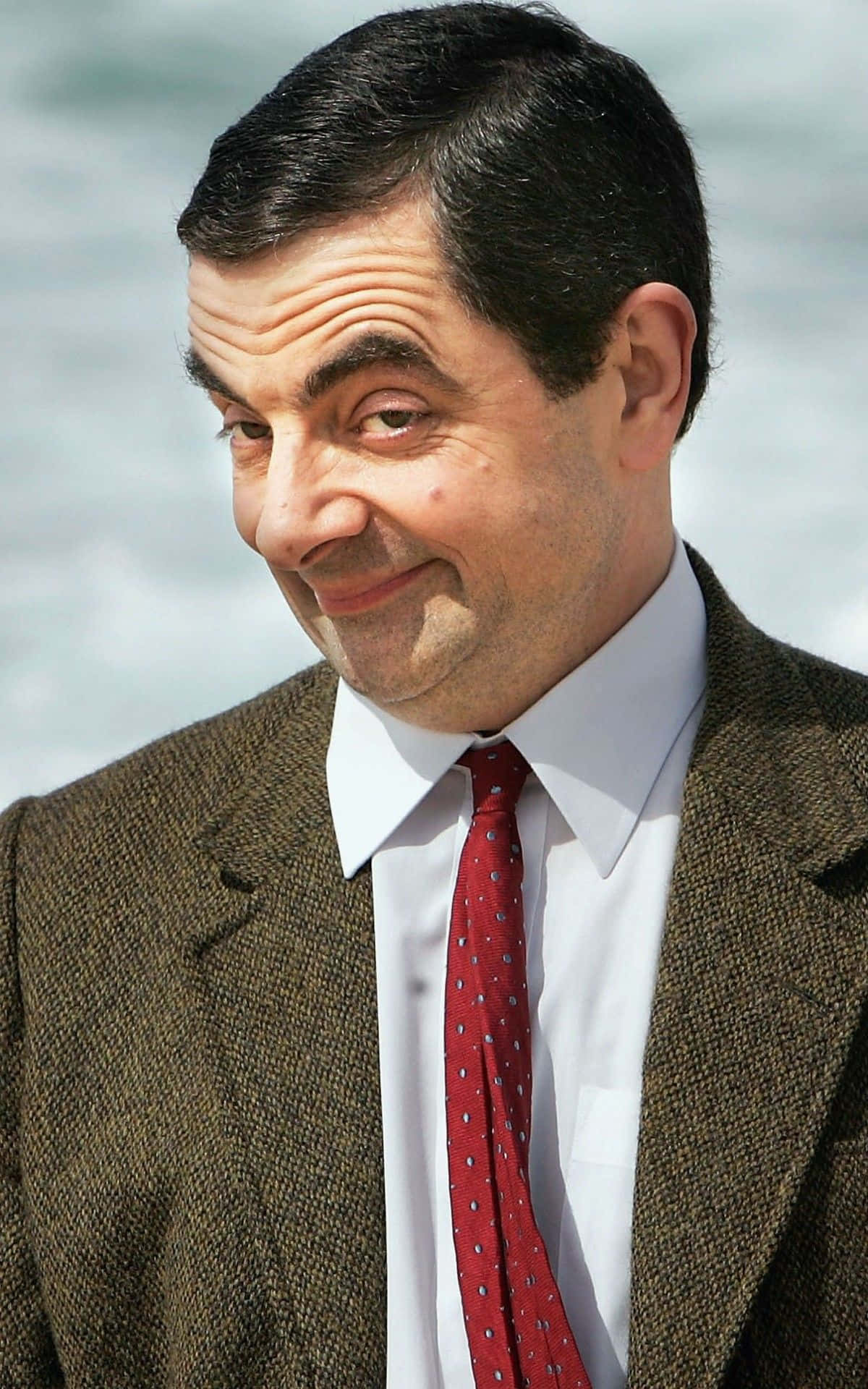 Mr Bean 桌布 壁紙 — Mr Bean 身穿棕色粗花呢外套和紅色圓點領帶，在模糊的水背景前頑皮地微笑。