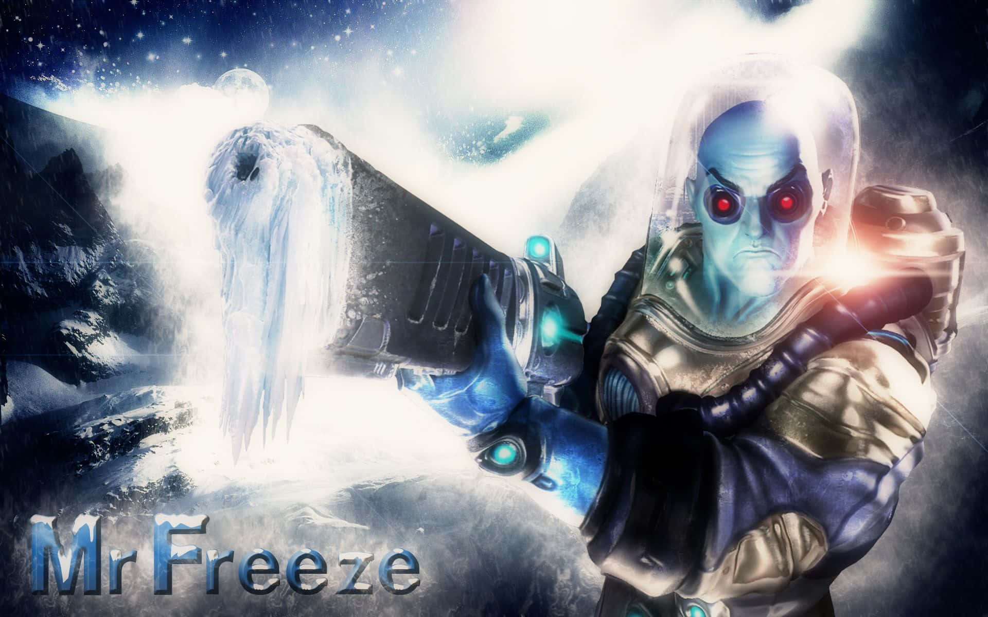 Mr Freeze 桌布 壁紙 — Mr Freeze 站在雪地荒原中，在星空下發射冰霜炮。