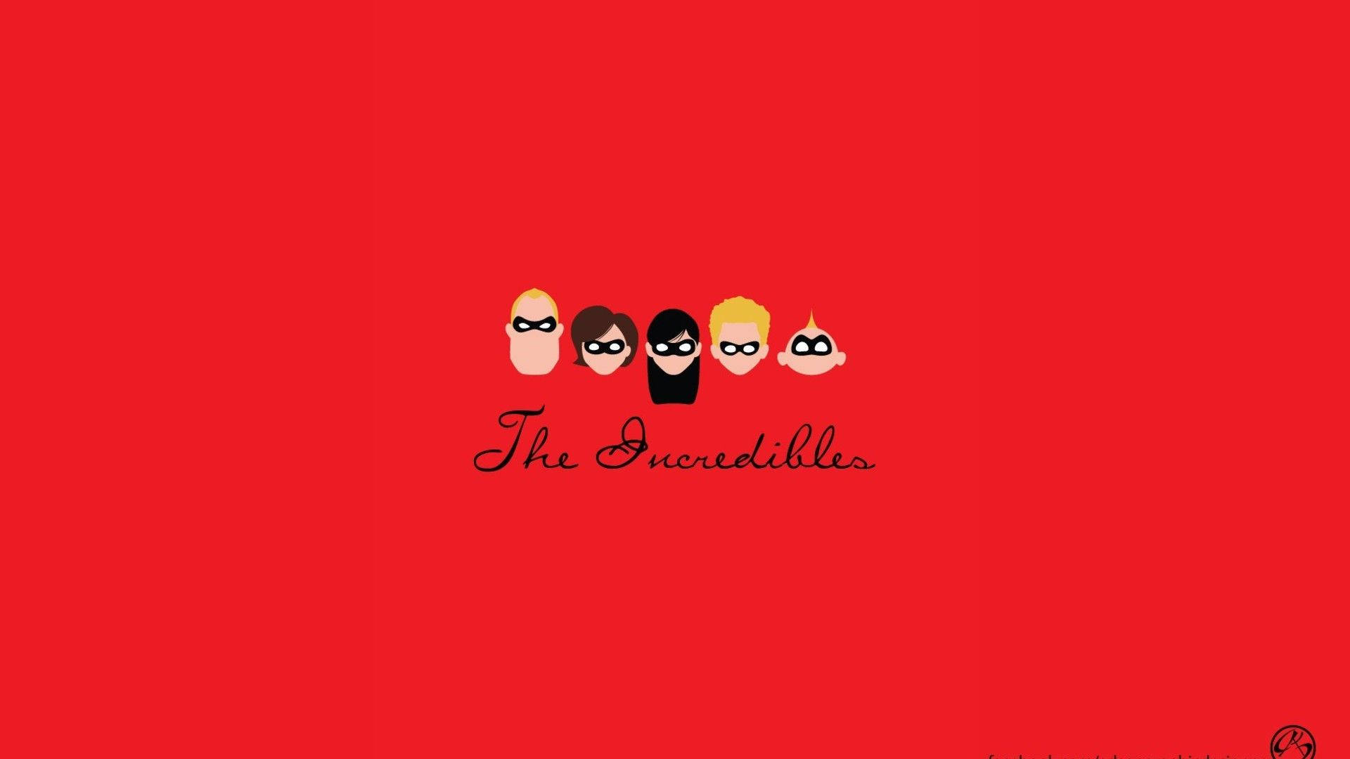 Mr. Incredible與他的超人能力 壁紙 — 五個風格化的超級英雄面具面孔，站在大膽的紅色背景上，並以優雅的字體寫上標題「The Incredibles」。