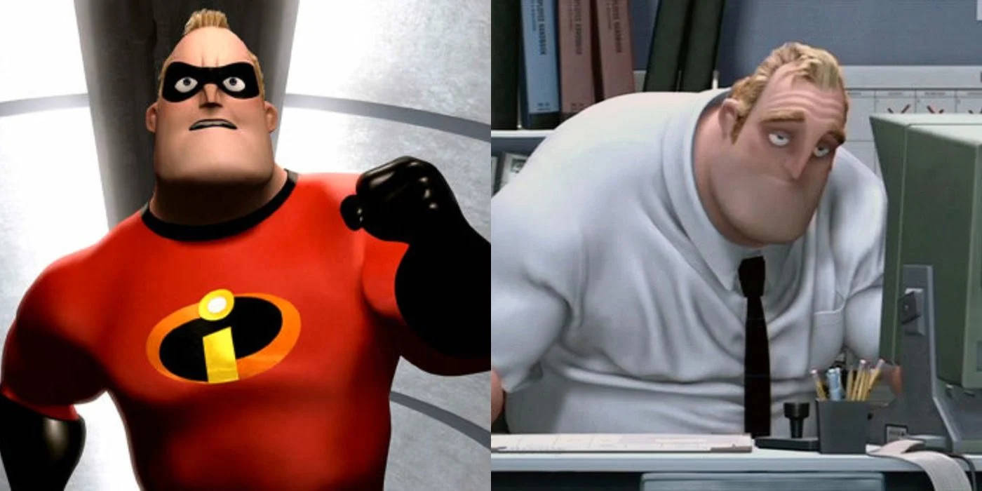 超人特工 Mr. Incredible 的辦公室生活 壁紙 — Mr. Incredible 身穿超級英雄紅色戰衣和他在凌亂辦公室桌前的平民形態的分割畫面。