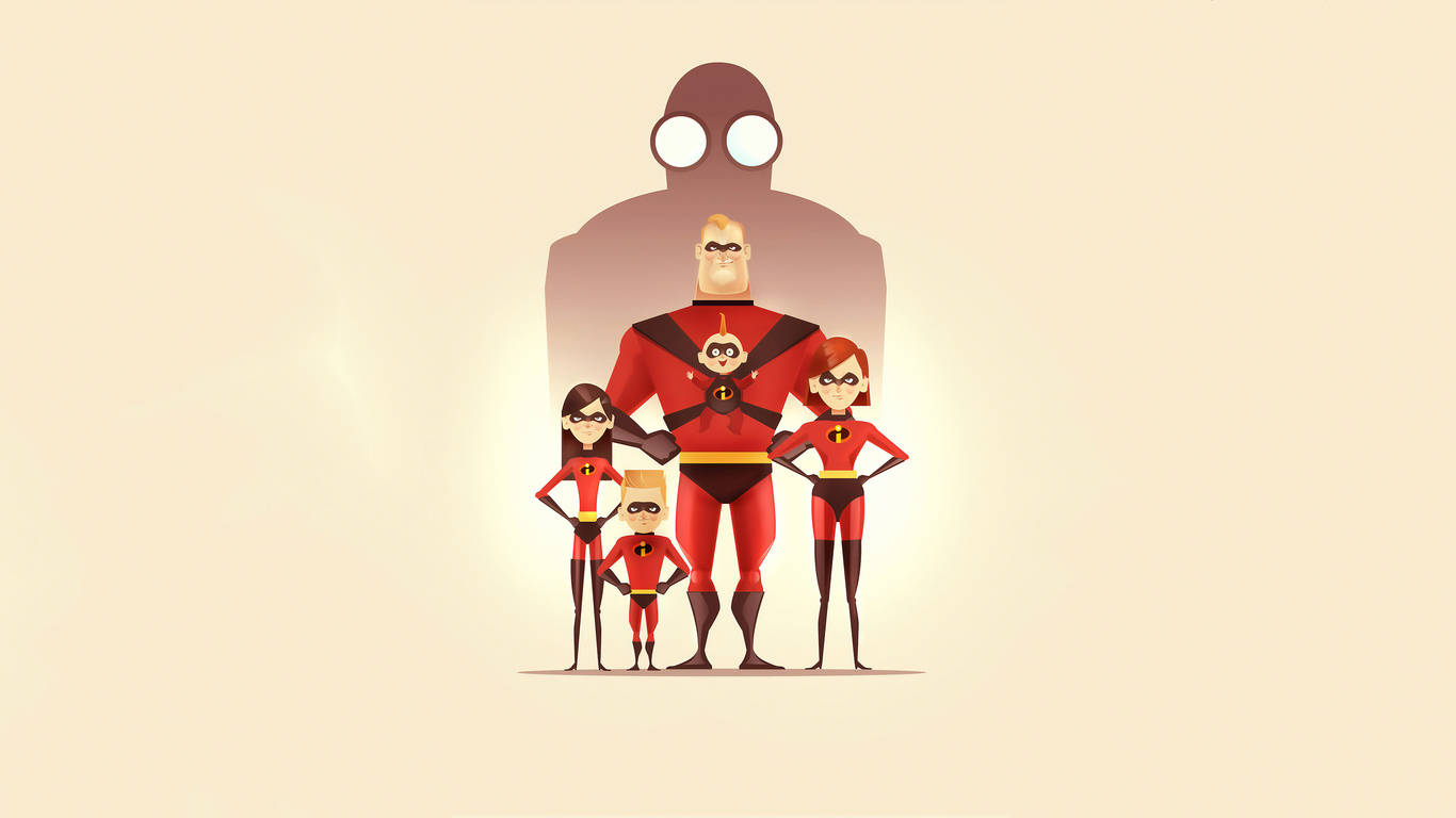 Mr. Incredible 簡約藝術 壁紙 — 超人特工隊家族身穿紅色戰衣，英勇地站在柔和的米色背景前，一個巨大的陰影人物在他們身後若隱若現。