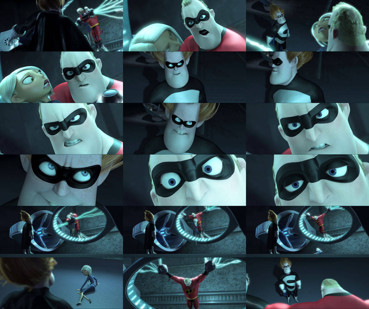 Mr. Incredible 與 Syndrome 的對峙 壁紙 — 動畫超級英雄場景的拼貼畫，具有強烈的面部表情和動態動作姿勢，背景為黑暗未來風格。