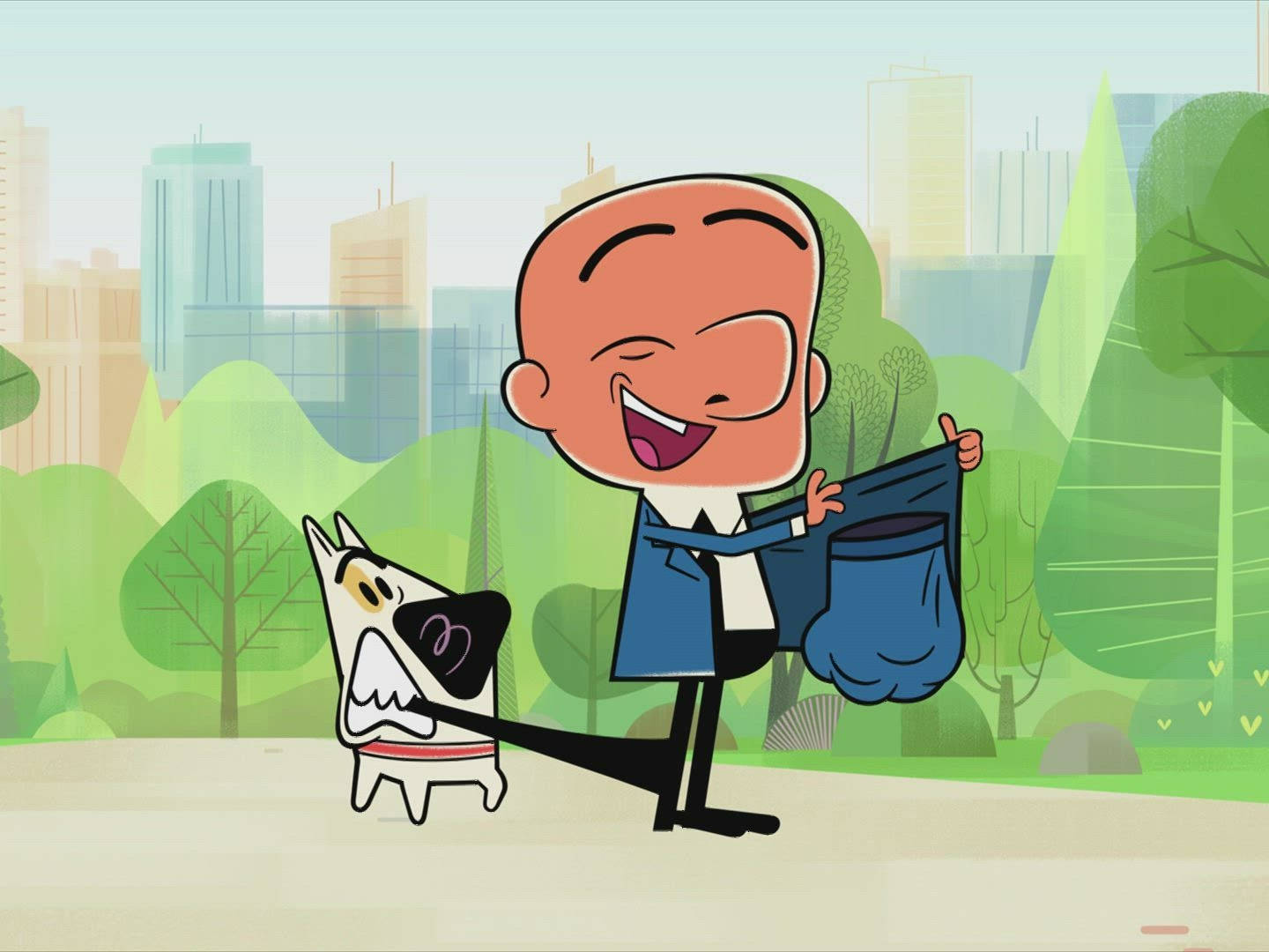Mr Magoo 在公園與 McBarker 壁紙 — 一個光頭卡通男人穿著藍色西裝，笑著舉起一隻襪子，一隻滑稽的狗在城市的公園裡拉著他的皮帶。
