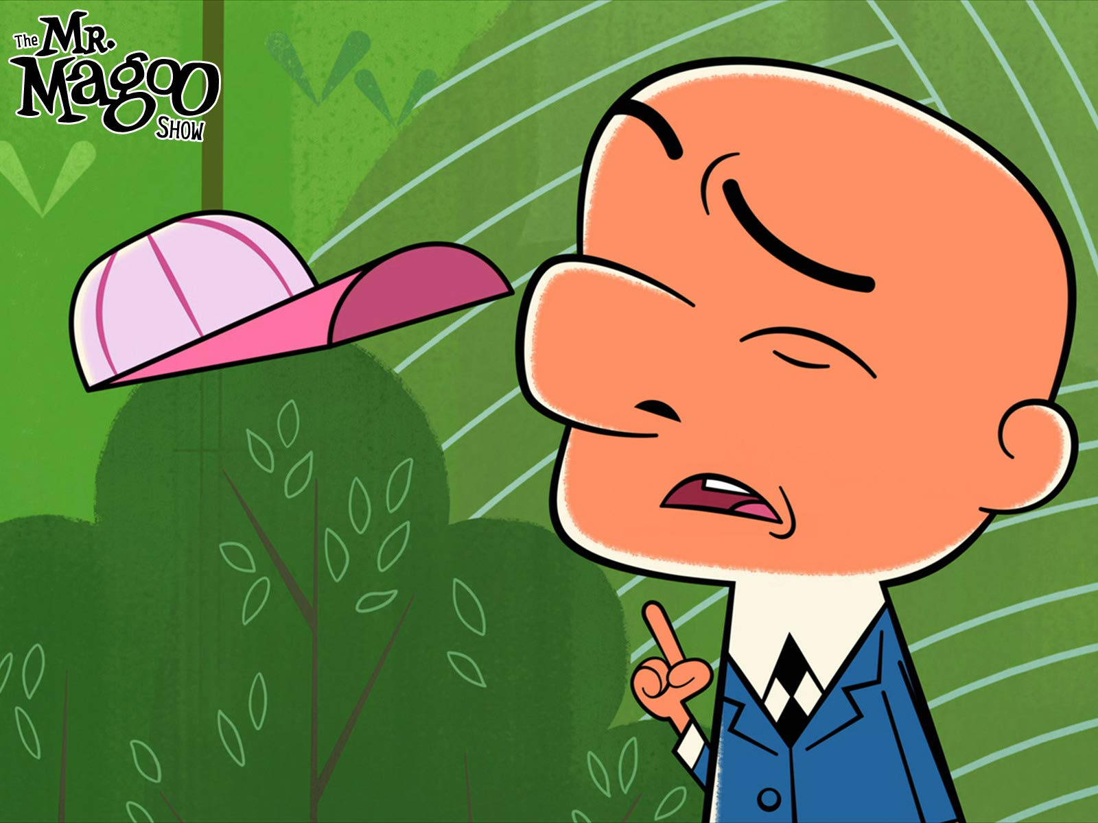 Mr Magoo 注視飄浮的帽子 壁紙 — Mr Magoo 身穿藍色西裝，在綠色樹葉背景前困惑地向上指。