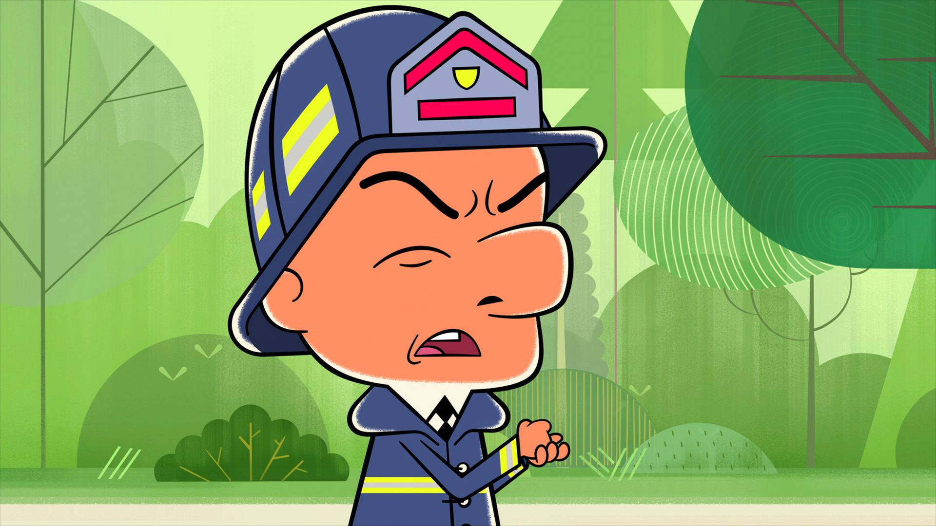 Mr Magoo 穿消防員制服 壁紙 — 一個卡通消防員帶着憤怒的表情，站在風格化的綠色森林背景中。
