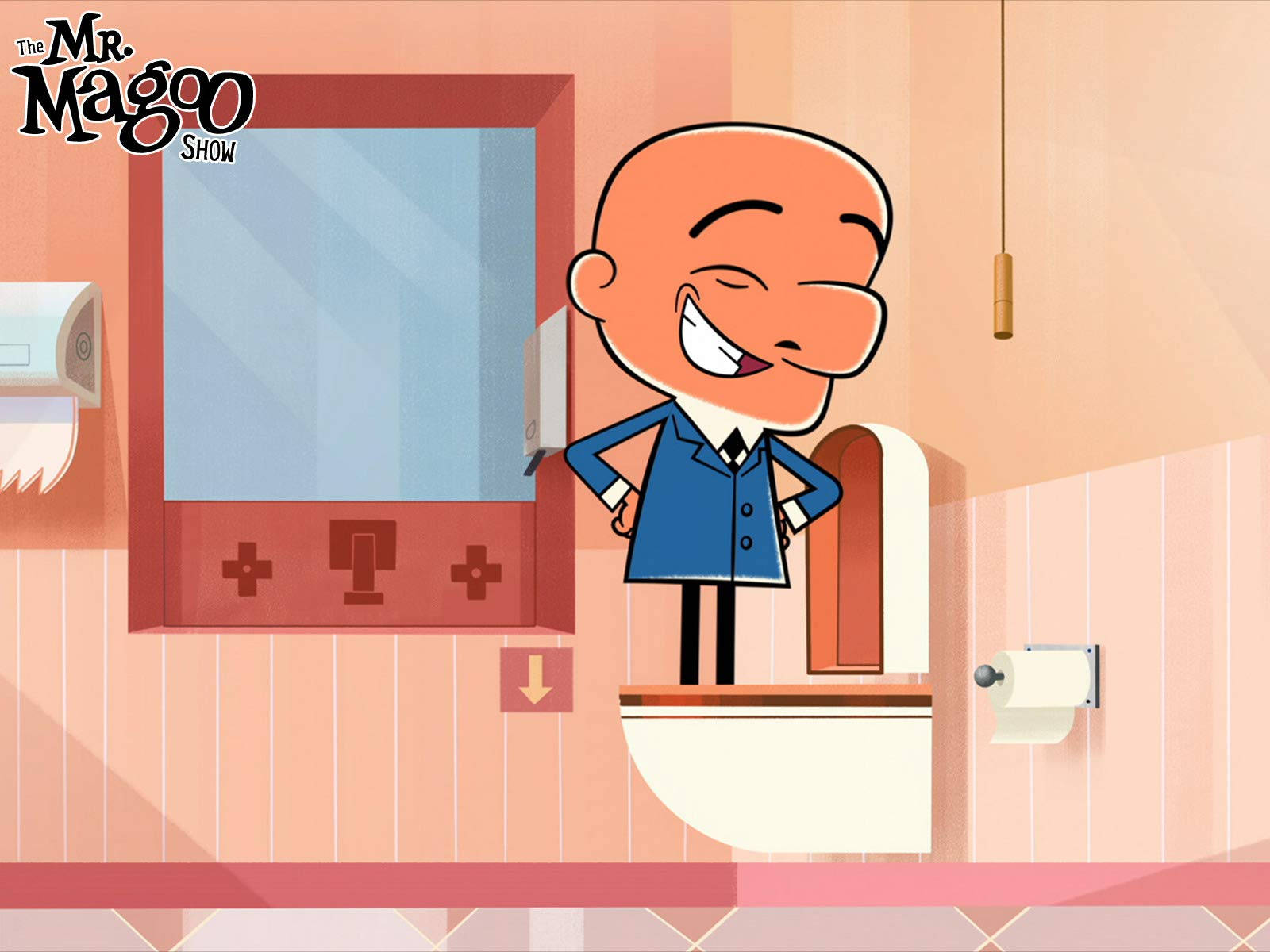 Mr Magoo 站在馬桶上 壁紙 — Mr Magoo 得意洋洋地企喺粉紅色條紋浴室嘅馬桶上，瞇起眼睛咧嘴笑。