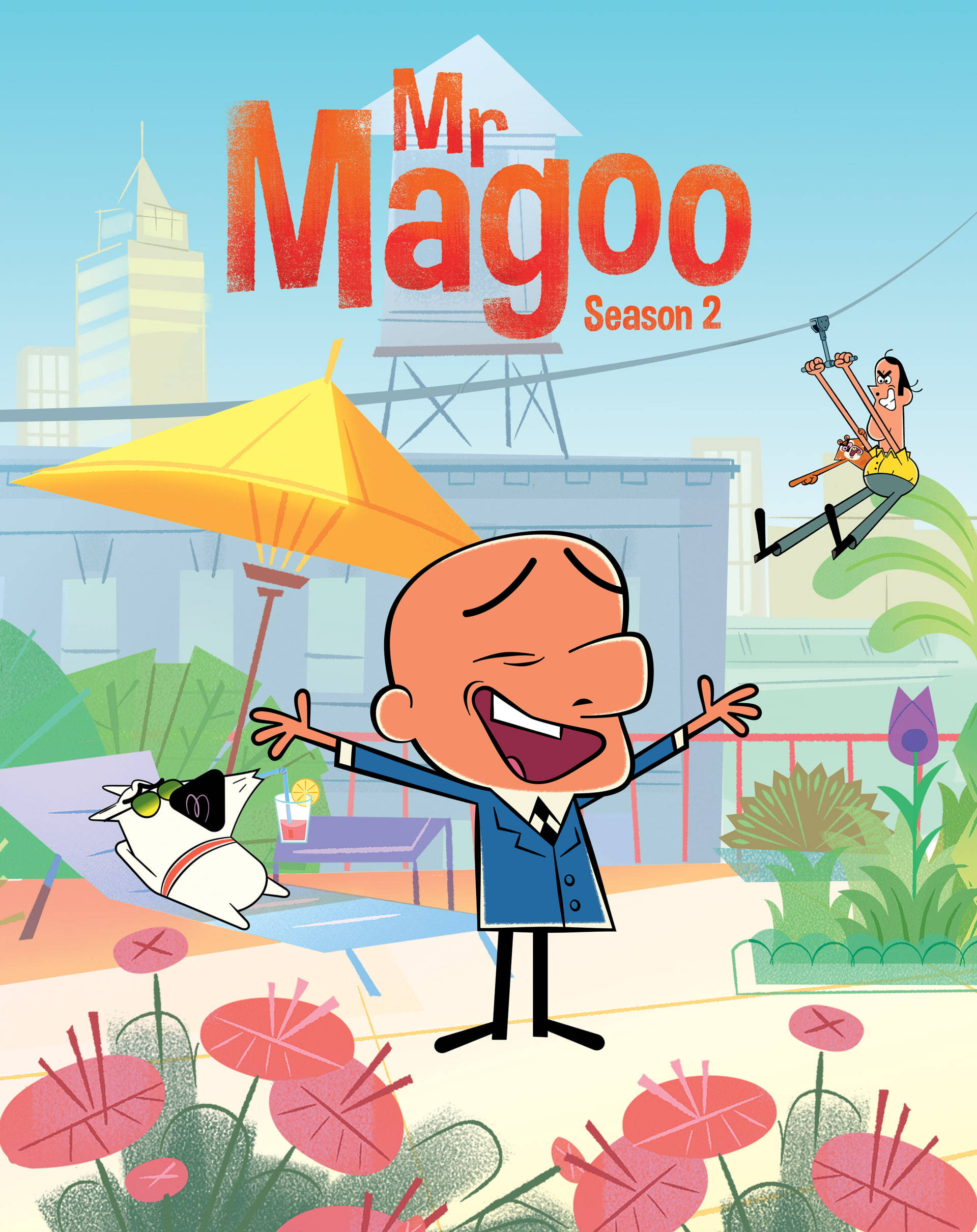 Mr Magoo 第二季海報 壁紙 — Mr Magoo 在陽光明媚的花園中開懷大笑，他的狗在黃色傘下休息，一名男子滑索穿過城市景觀。