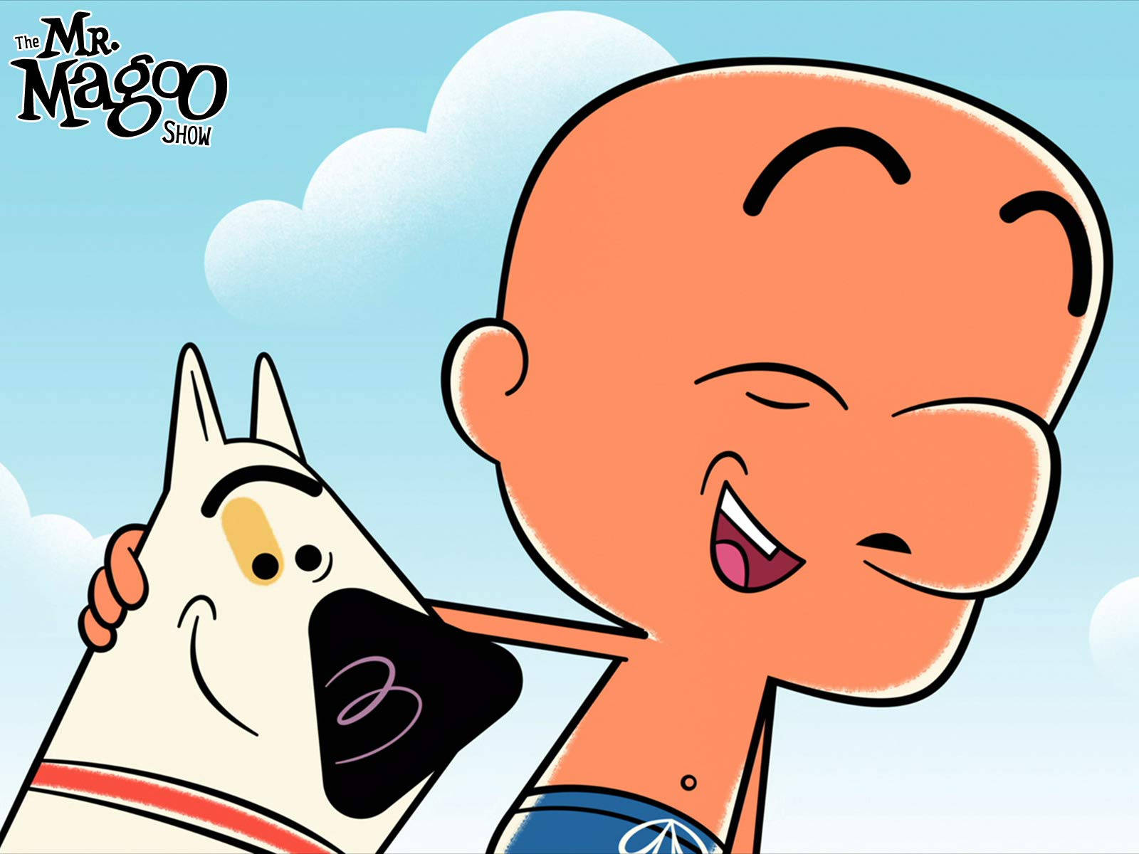 Mr Magoo 與 McBarker 休閒 壁紙 — 一個光頭卡通男孩咧嘴大笑，在藍天白雲下擁抱一隻黑鼻子的白狗。