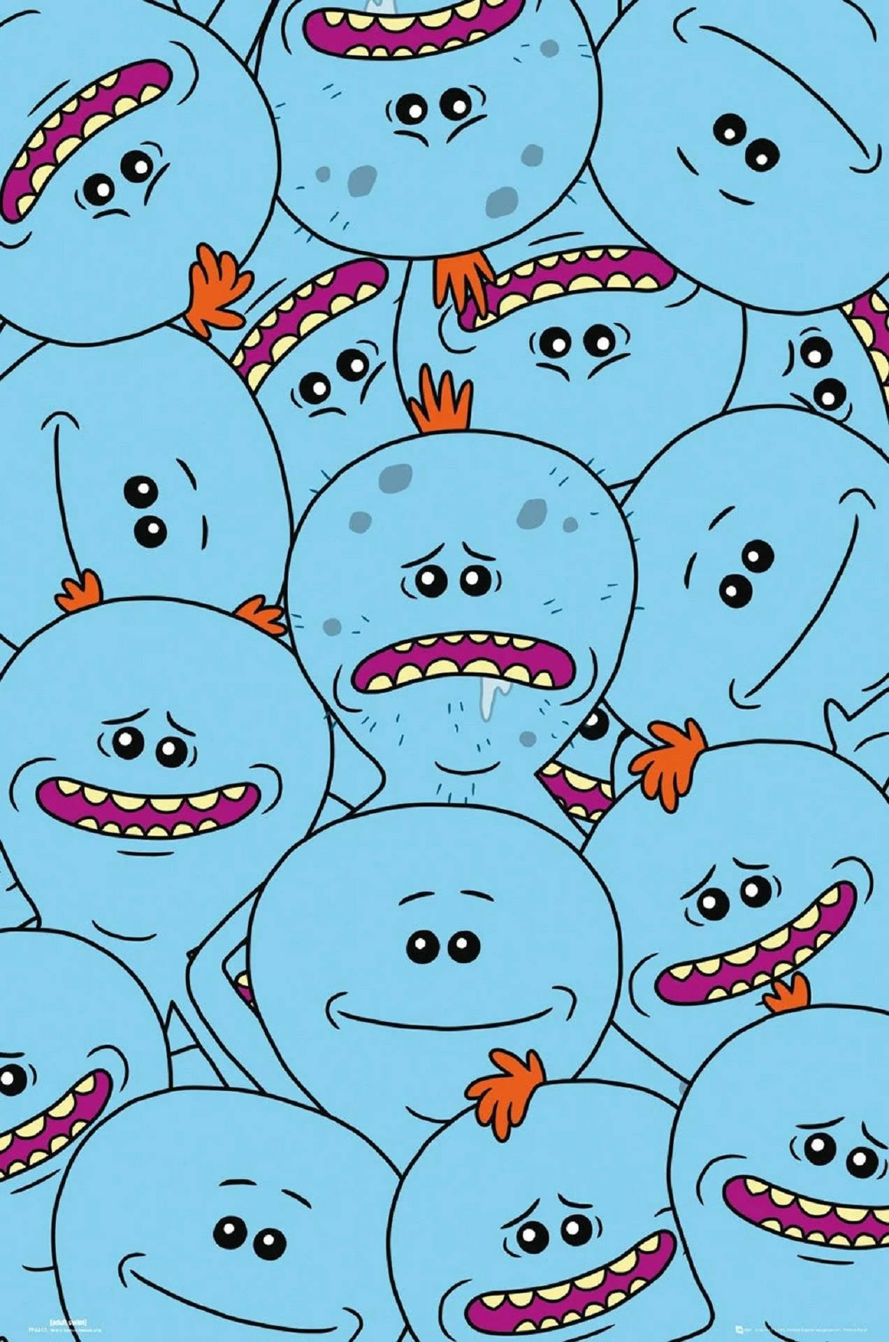 Mr. Meeseeks 合唱團封面照 壁紙 — 密集圖案，卡通風格的藍色生物，有紫色嘴巴和橙色簇毛，微笑和皺眉。