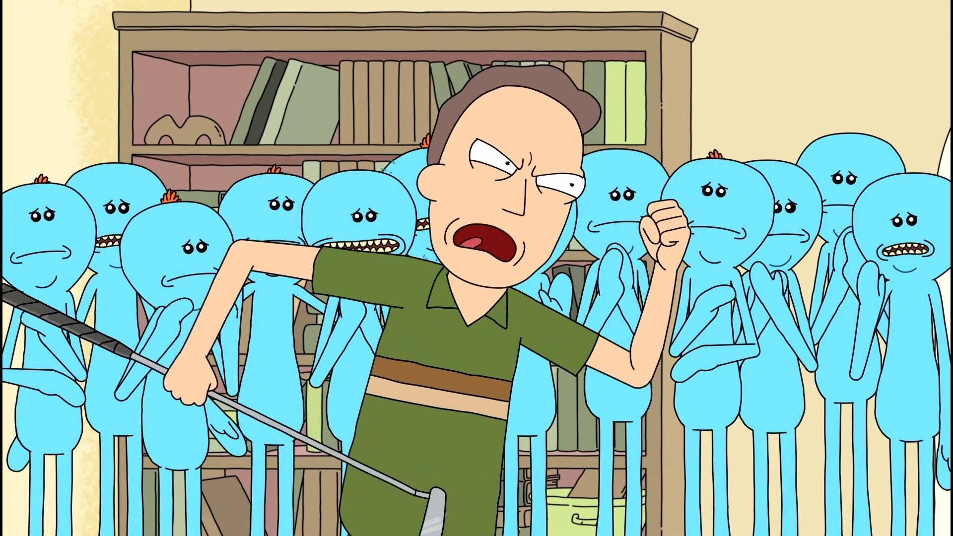 傑瑞史密斯與Mr. Meeseeks 壁紙 — 一個穿著綠色襯衫的憤怒男人在一個擺滿書架的房間裡揮動高爾夫球桿，周圍環繞著藍色外星生物。