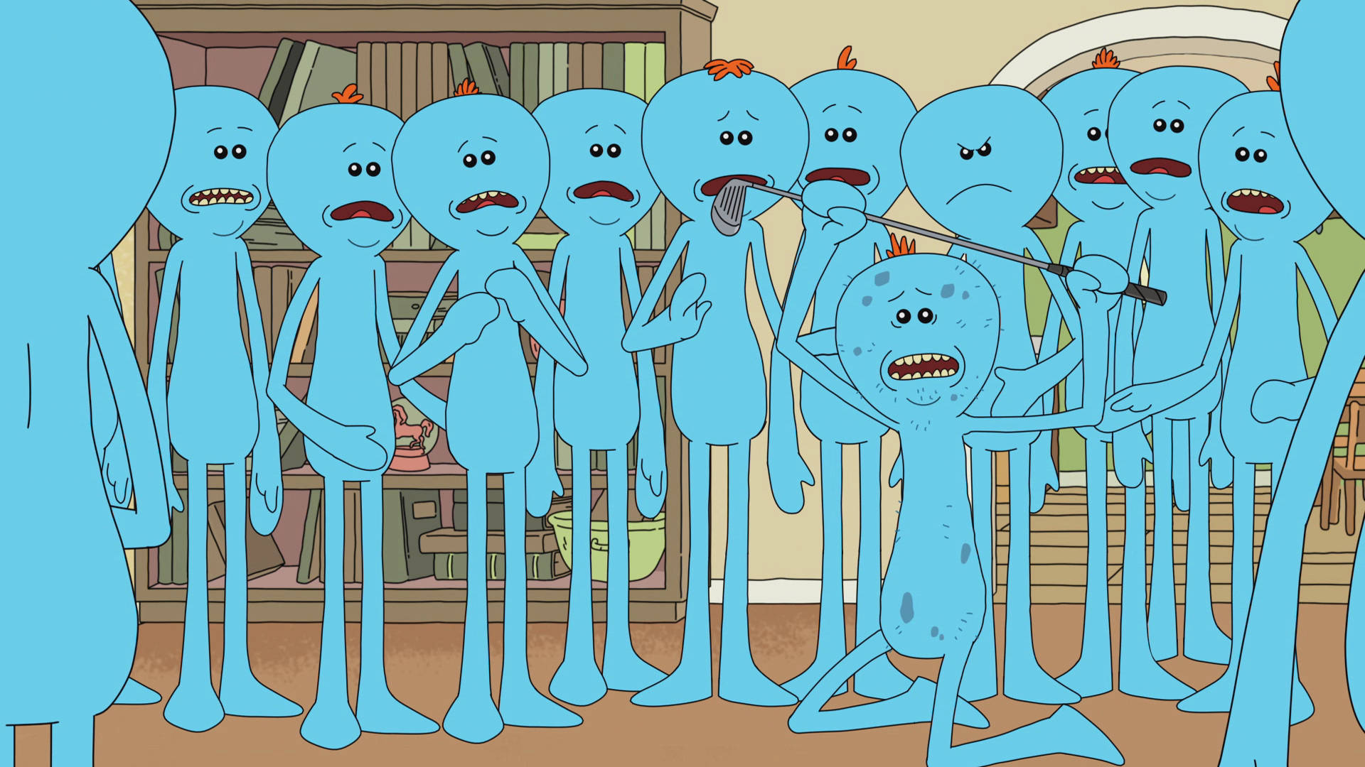 Mr. Meeseeks 拿著高爾夫球桿 壁紙 — 一群藍色卡通外星人帶著憤怒的表情聚集在一個雜亂的房間裡，其中一個被另一個用湯匙抱著。
