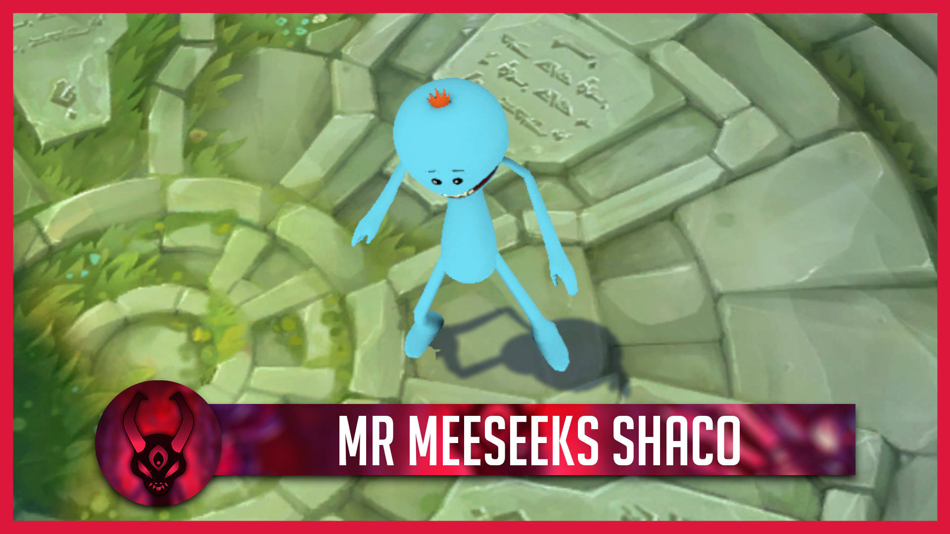 Mr. Meeseeks在Dota 2遊戲中 壁紙 — 一個戴著王冠的藍色卡通角色站在被綠色苔蘚包圍的古老石磚上。