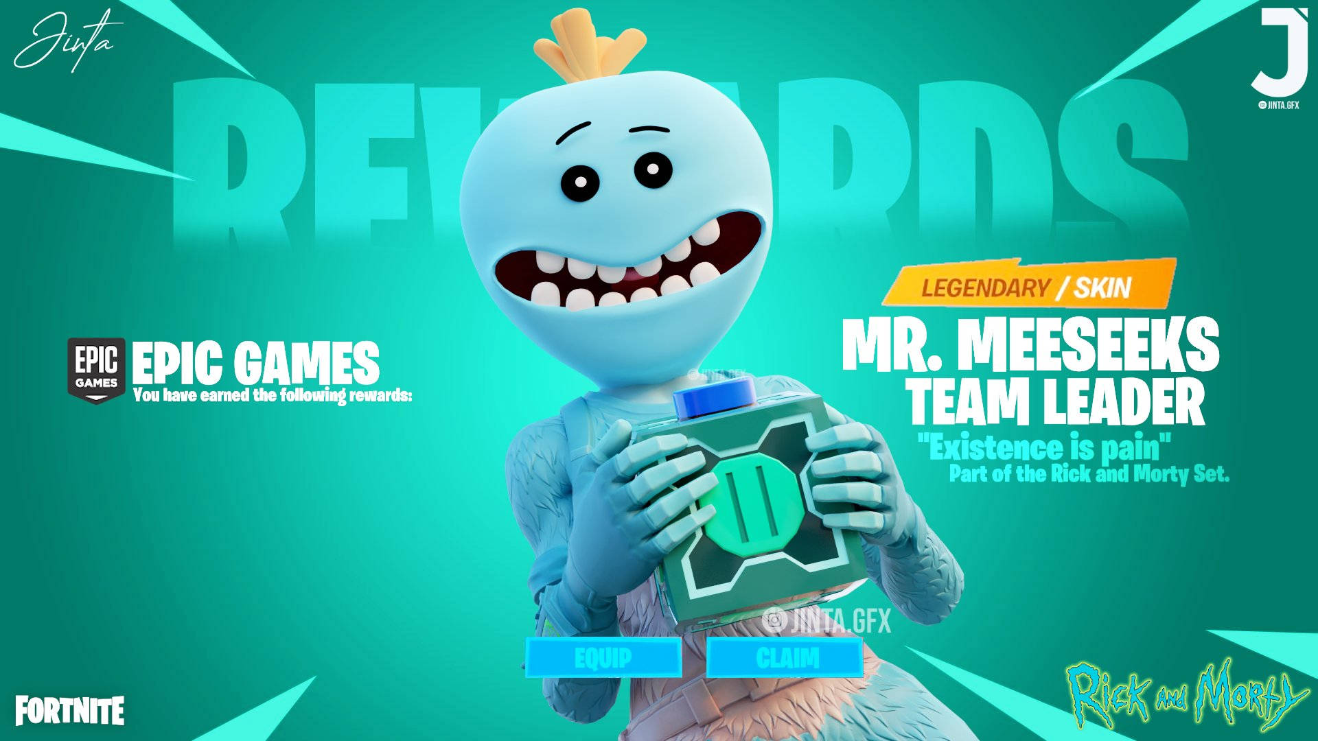 Mr. Meeseeks遊戲封面 壁紙 — 一個藍色卡通Meeseeks（來自《瑞克和莫蒂》）拿著一個綠色盒子，咧嘴大笑，背景是藍綠色漸變。