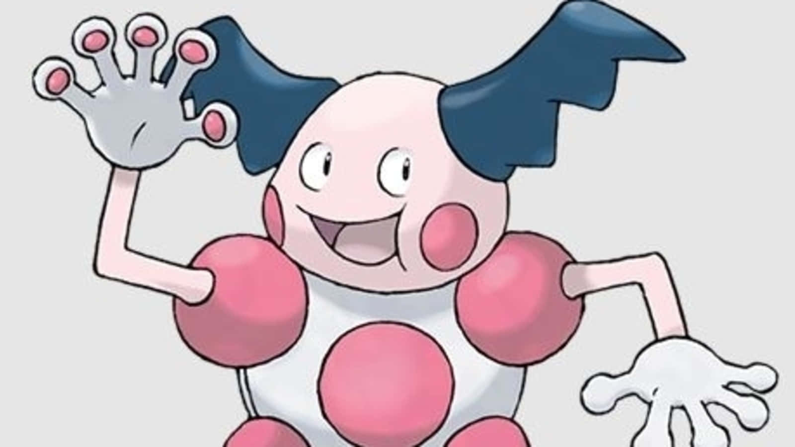 Mr. Mime 招手致意 壁紙 — 一隻快樂的卡通小丑寶可夢，身上有粉紅色斑點和藍色蝙蝠狀耳朵，在純色背景上開心地揮手。