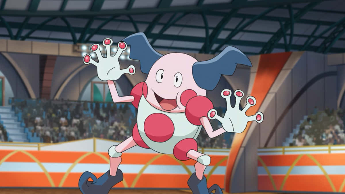 Mr. Mime 在馬戲團表演 壁紙 — 一隻開心嘅動畫風格寵物小精靈，有紅色斑點同藍色耳朵，喺擠滿觀眾嘅體育館場地入面開心咁揮手。