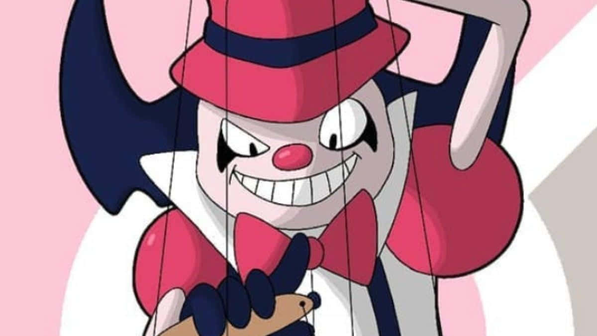Mr. Mime 控制木偶 壁紙 — 一個邪惡的卡通木偶，戴著紅色帽子、蝴蝶結，露出尖銳的笑容，被繩子吊在粉紅色背景上。