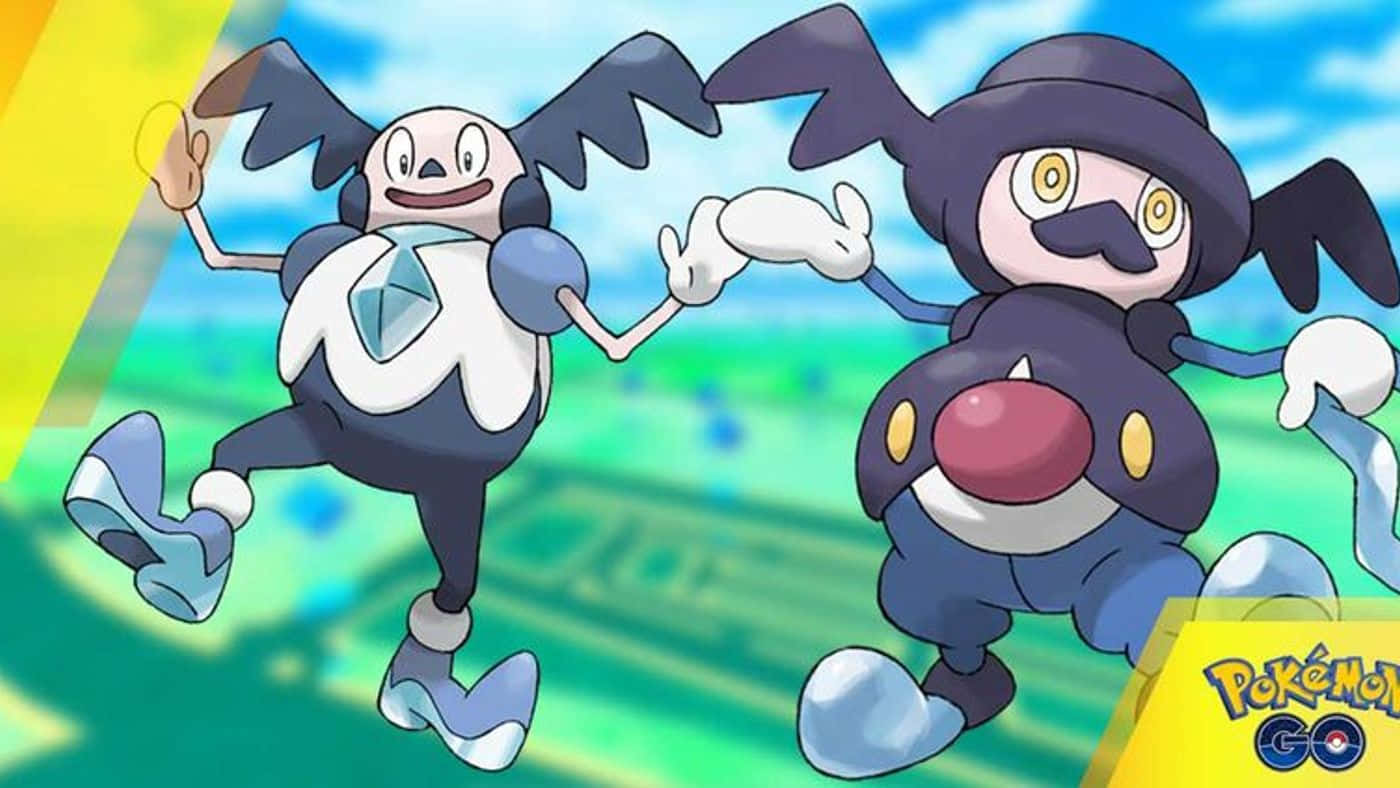 兩個動畫寶可夢角色與PokéGO標誌一起快樂地跳舞。