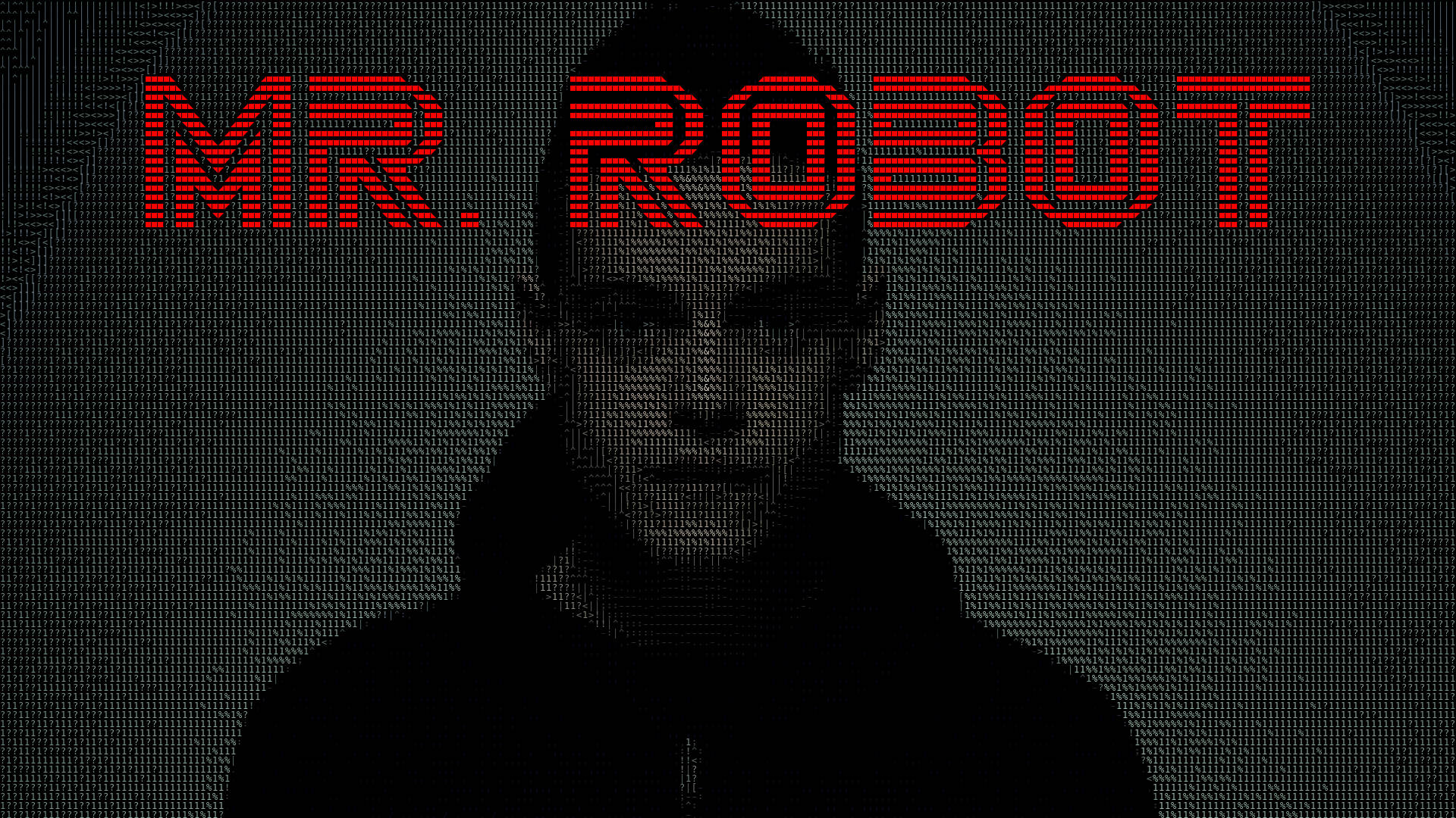 《Mr. Robot》ASCII藝術作品 壁紙 — 一個像素化的 hoodie 男子剪影在黑暗網格背景上，於發光的紅色「MR. ROBOT」文字下凝視前方。