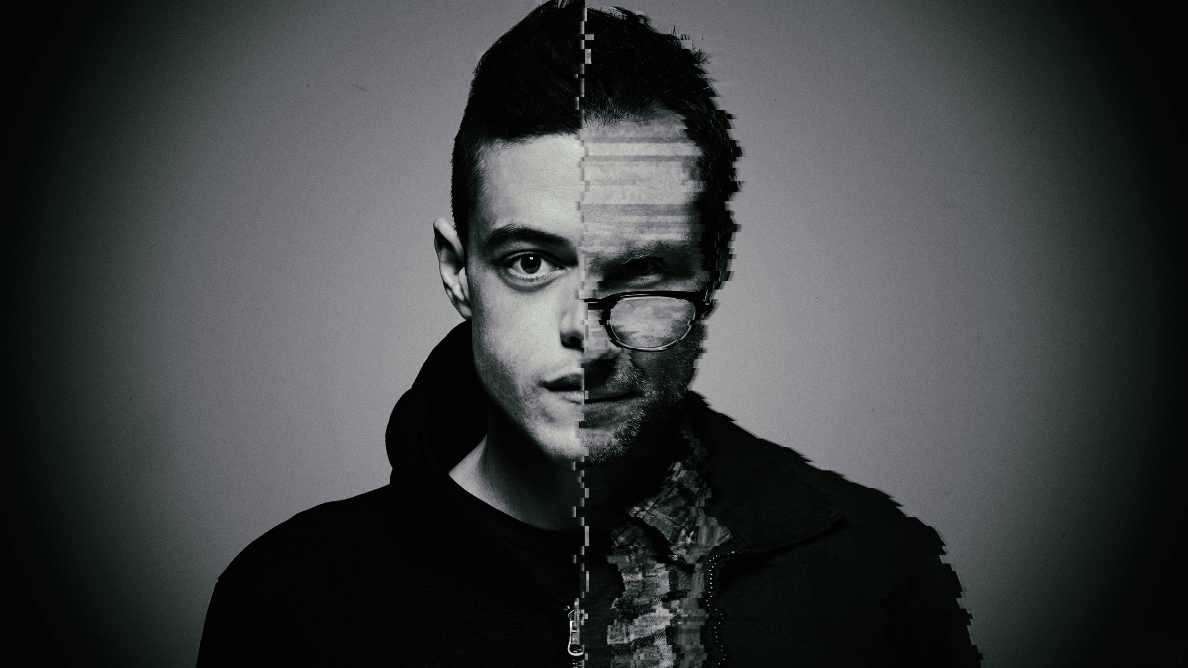 艾略特與 Mr. Robot 漸層背景 壁紙 — 一個男人的臉從中間分開，一側清晰，另一側以黑白呈現故障和像素化效果。