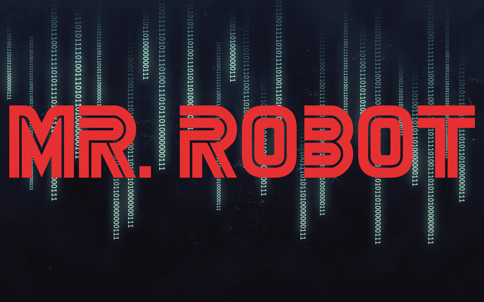 《Mr. Robot》二進制背景 壁紙 — 大膽的紅色「MR. ROBOT」文字在黑暗屏幕上佔據主導地位，伴隨著發光的綠色級聯二進制代碼。