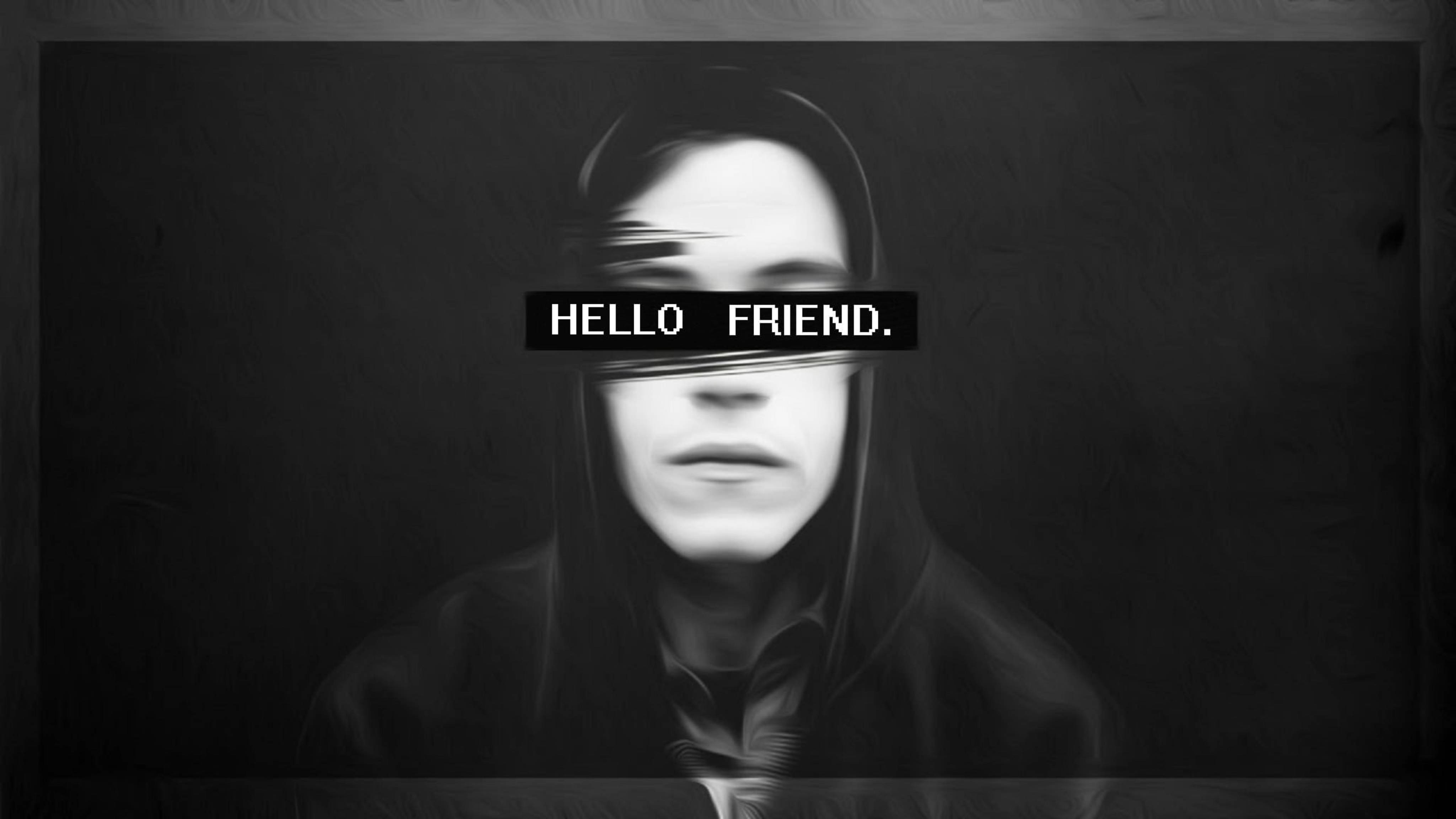 《Mr. Robot》你好朋友藝術 壁紙 — 一個戴著連帽衫的人的單色肖像，上面有像素化的文字疊加，寫著 hello friend，背景是深色紋理。