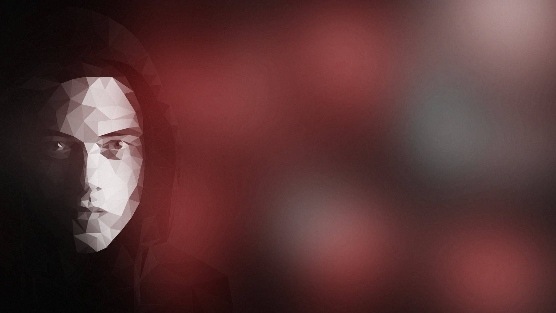 Mr. Robot 抽象背景設計 壁紙 — 一個風格化的低多邊形面孔，以白色和灰色從陰影中浮現，背景是模糊的紅色。