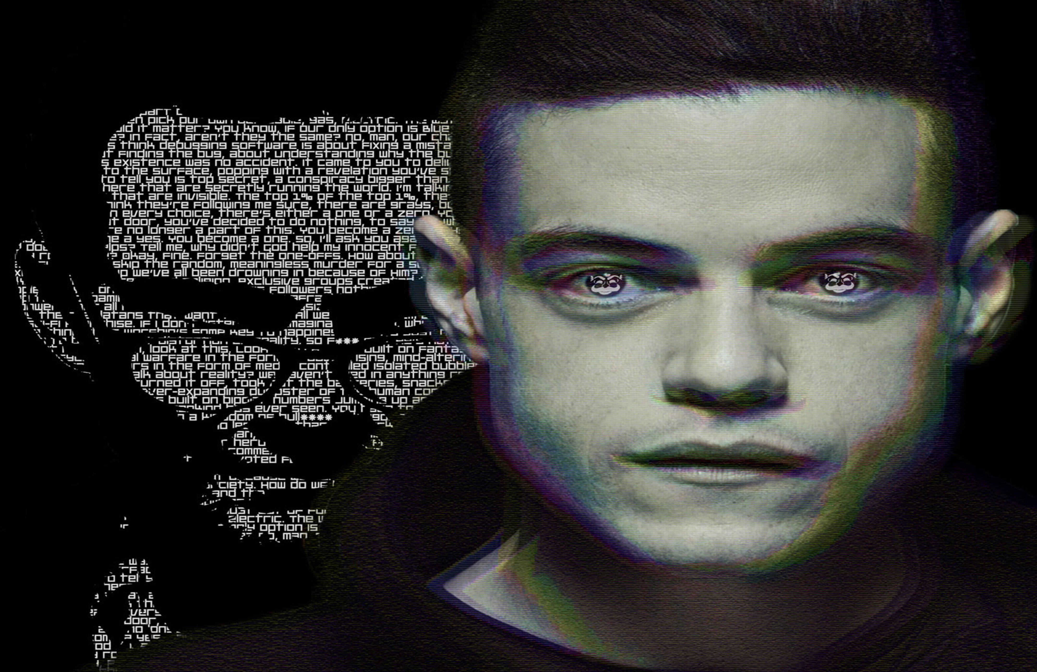 Mr. Robot 控制艾略特 壁紙 — 一個年輕男子的臉，眼睛發光，他的剪影上覆蓋著數位代碼，背景為黑色。
