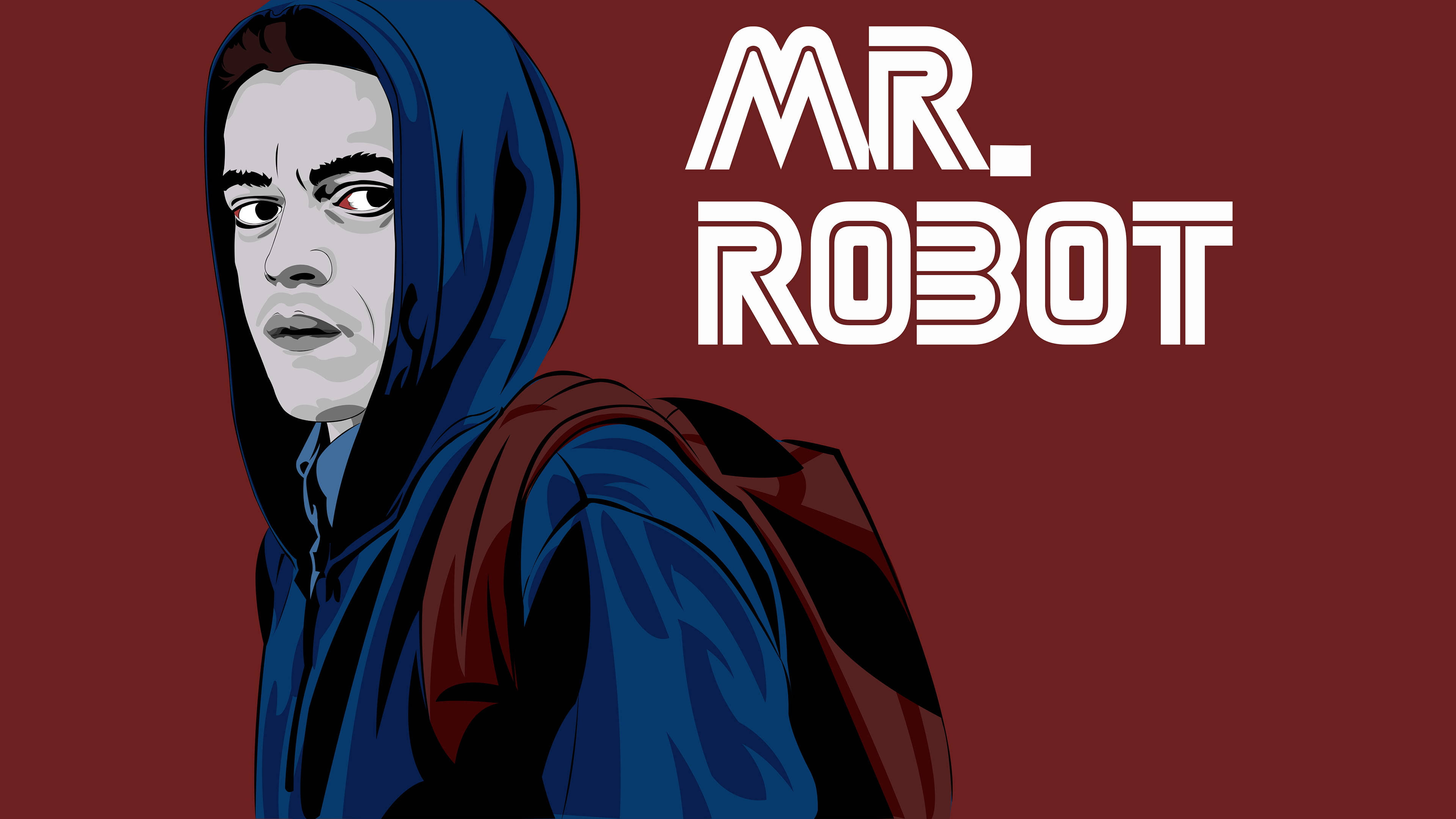《Mr. Robot》海報 壁紙 — 一個風格化的插圖，描繪一個穿著藍色連帽衫、紅眼睛的男人，背景為深紅色，帶有「MR. ROBOT」文字。