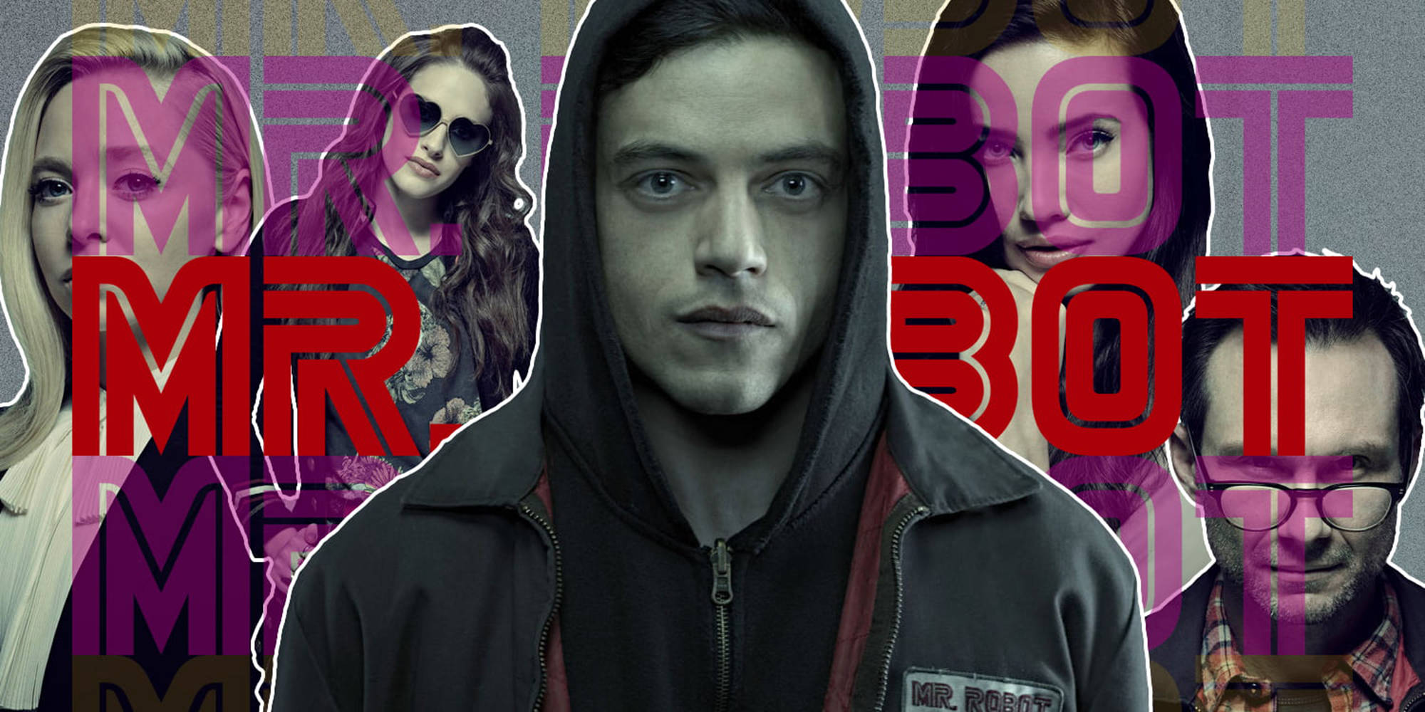 Mr. Robot 海報插畫 壁紙 — 來自《Mr Robot》的角色拼貼，帶有粗體紅色標題文字和紫色故障效果。
