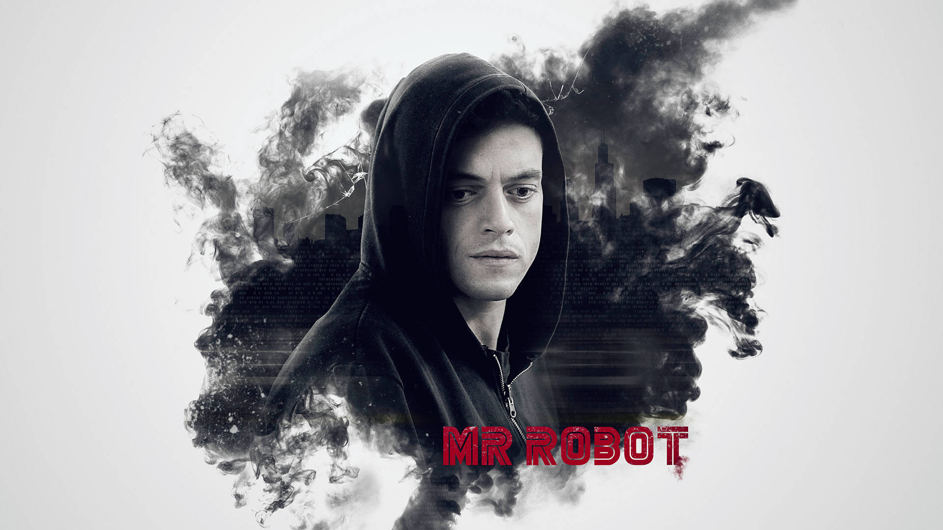 《Mr. Robot》煙霧海報 壁紙 — 一名身穿深色連帽衫的男子從旋轉的煙霧中出現，背後是城市天際線，下方有紅色「MR ROBOT」文字。