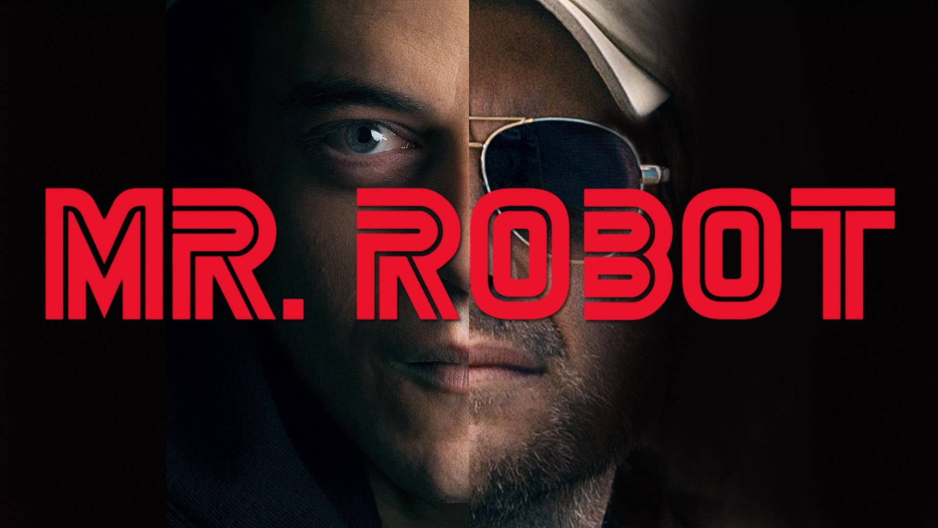 《Mr. Robot》第一季高潮場景 壁紙 — 一個男人的分裂面孔肖像，一隻眼睛可見，另一隻隱藏在太陽眼鏡後面，在深色背景上疊加粗體紅色「MR. ROBOT」文字。